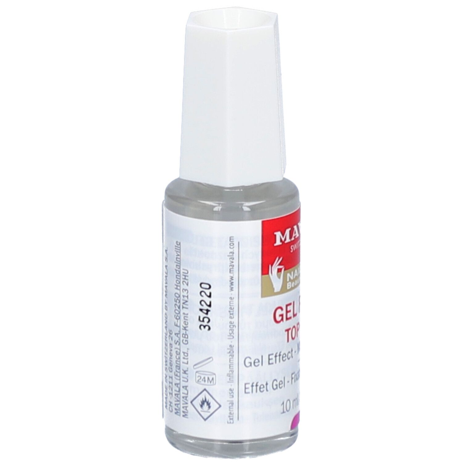 Flacon transparent avec bouchon blanc. Inscription: MAVALA, GEL FINISH TOP COAT. 10 ml. Texte au dos.