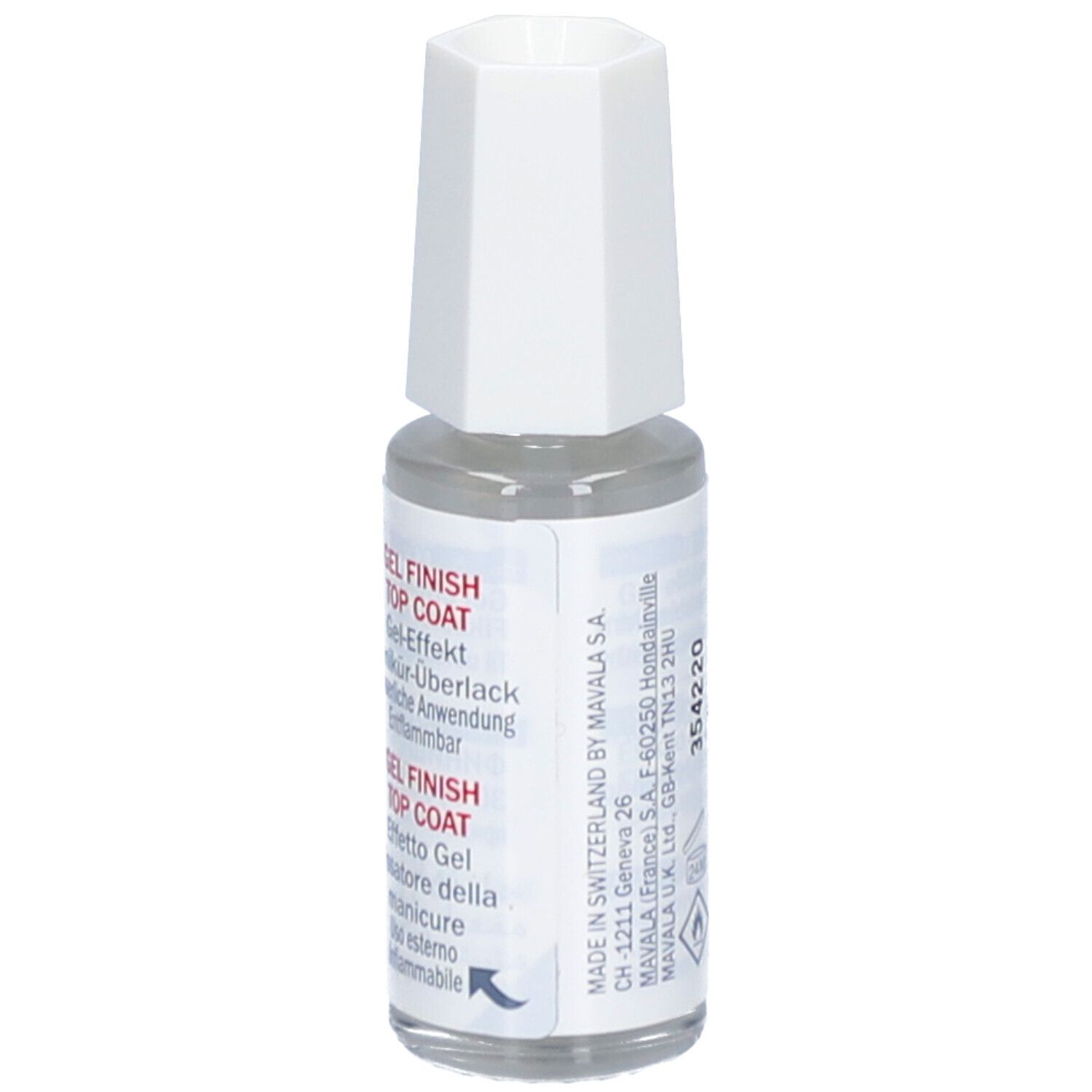 Flacon transparent avec bouchon blanc. Inscription: MAVALA, GEL FINISH TOP COAT. 10 ml. Texte au dos.