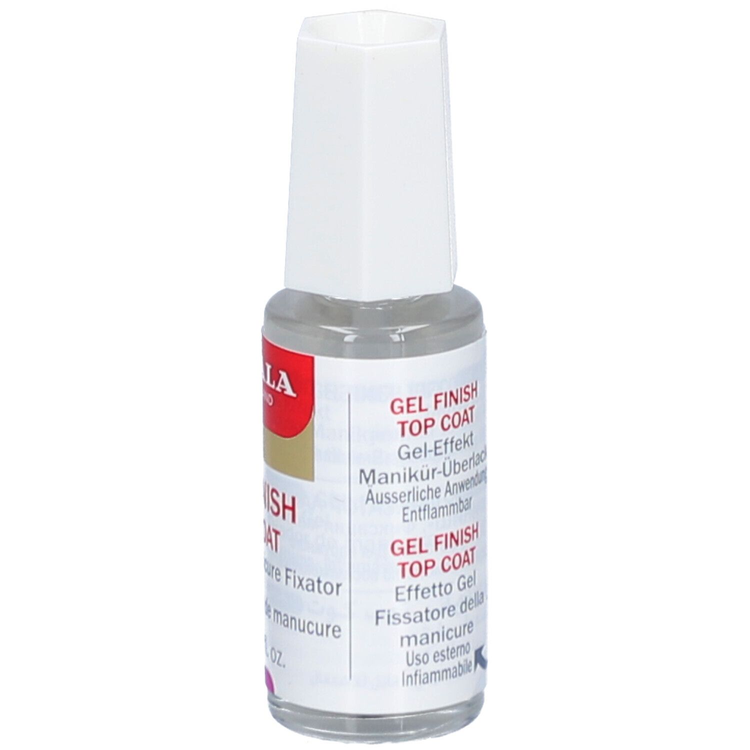 Flacon transparent avec bouchon blanc. Inscription: MAVALA, GEL FINISH TOP COAT. 10 ml. Texte au dos.