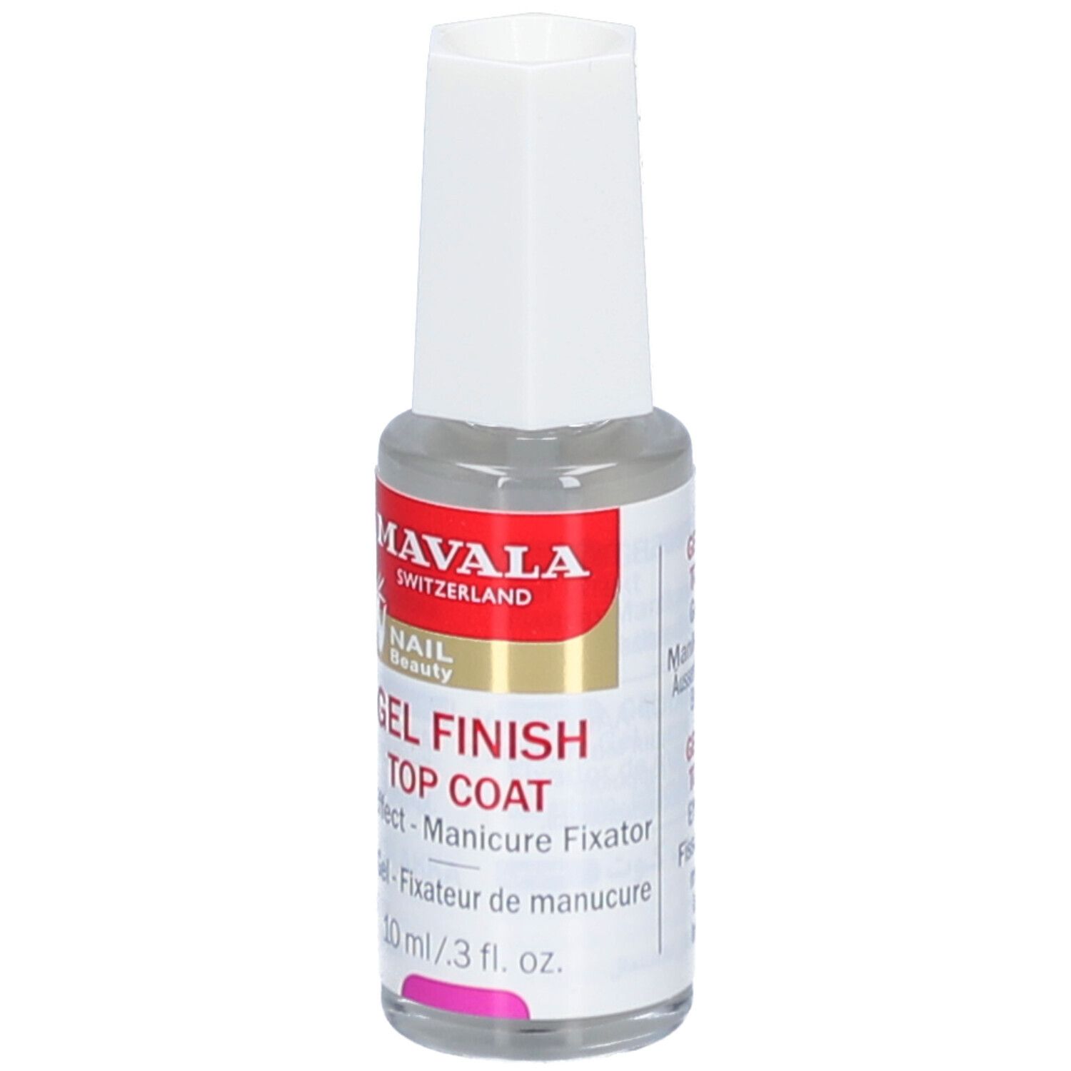 Flacon transparent avec bouchon blanc. Inscription: MAVALA, GEL FINISH TOP COAT. 10 ml.