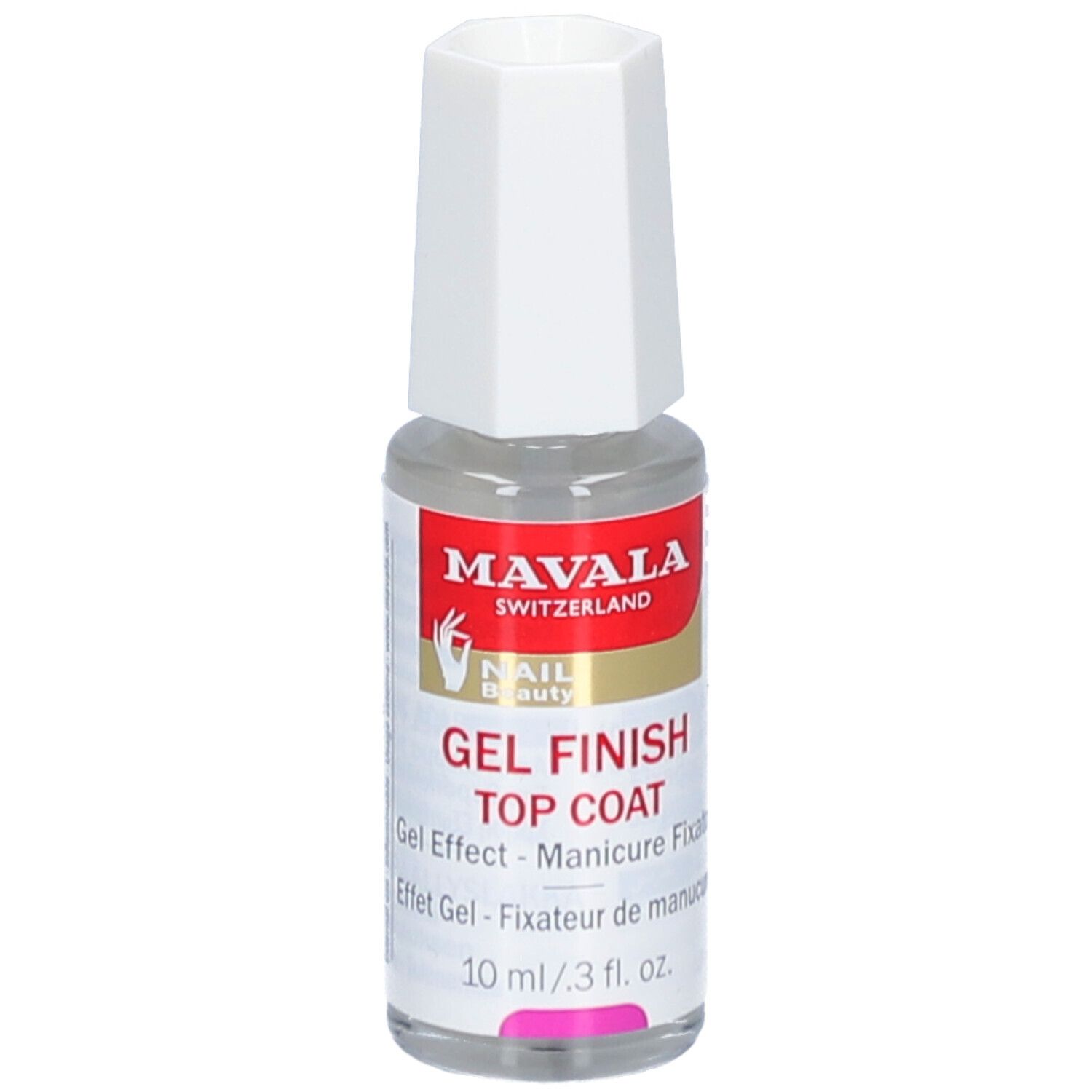 Flacon transparent avec bouchon blanc. Inscription: MAVALA, GEL FINISH TOP COAT. 10 ml.