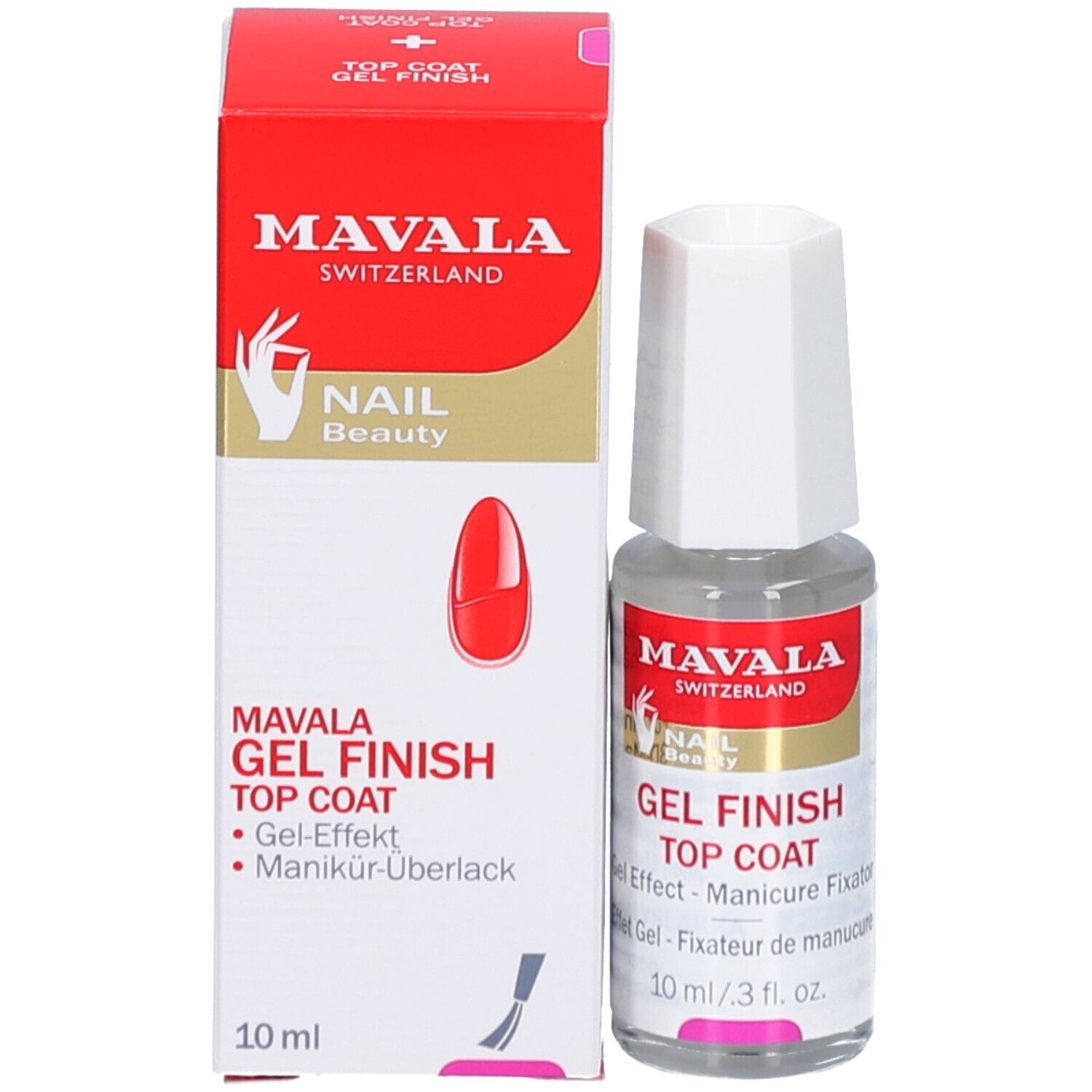Produit et emballage. Inscription: MAVALA GEL FINISH TOP COAT. 10 ml. Emballage rouge.