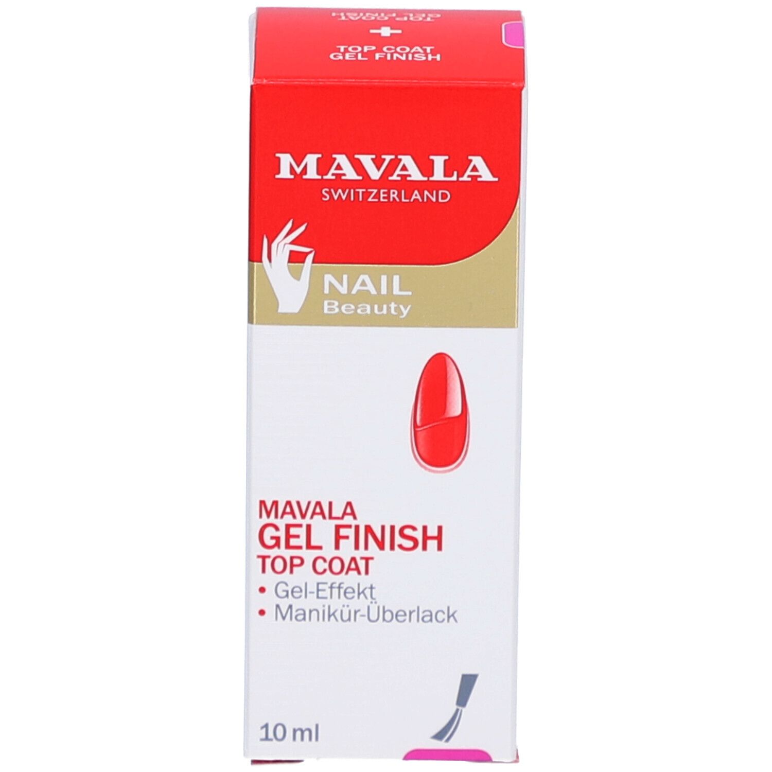Emballage rouge. Inscription: MAVALA GEL FINISH TOP COAT. 10 ml. Produit non visible.