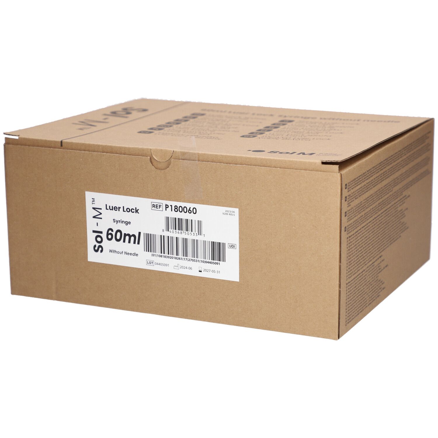 Boîte en carton pour seringues Luer Lock 60ml sans aiguille, marque Sol-M.