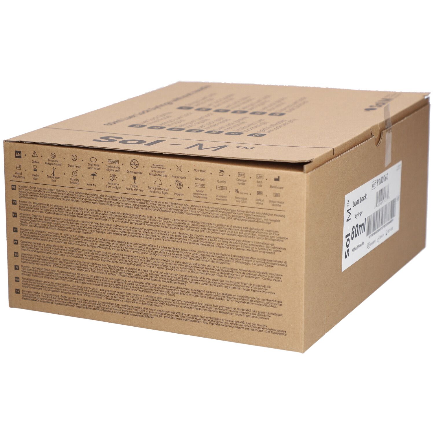 Boîte en carton marron avec informations produit et symboles. Inscription 'Sol-M'.