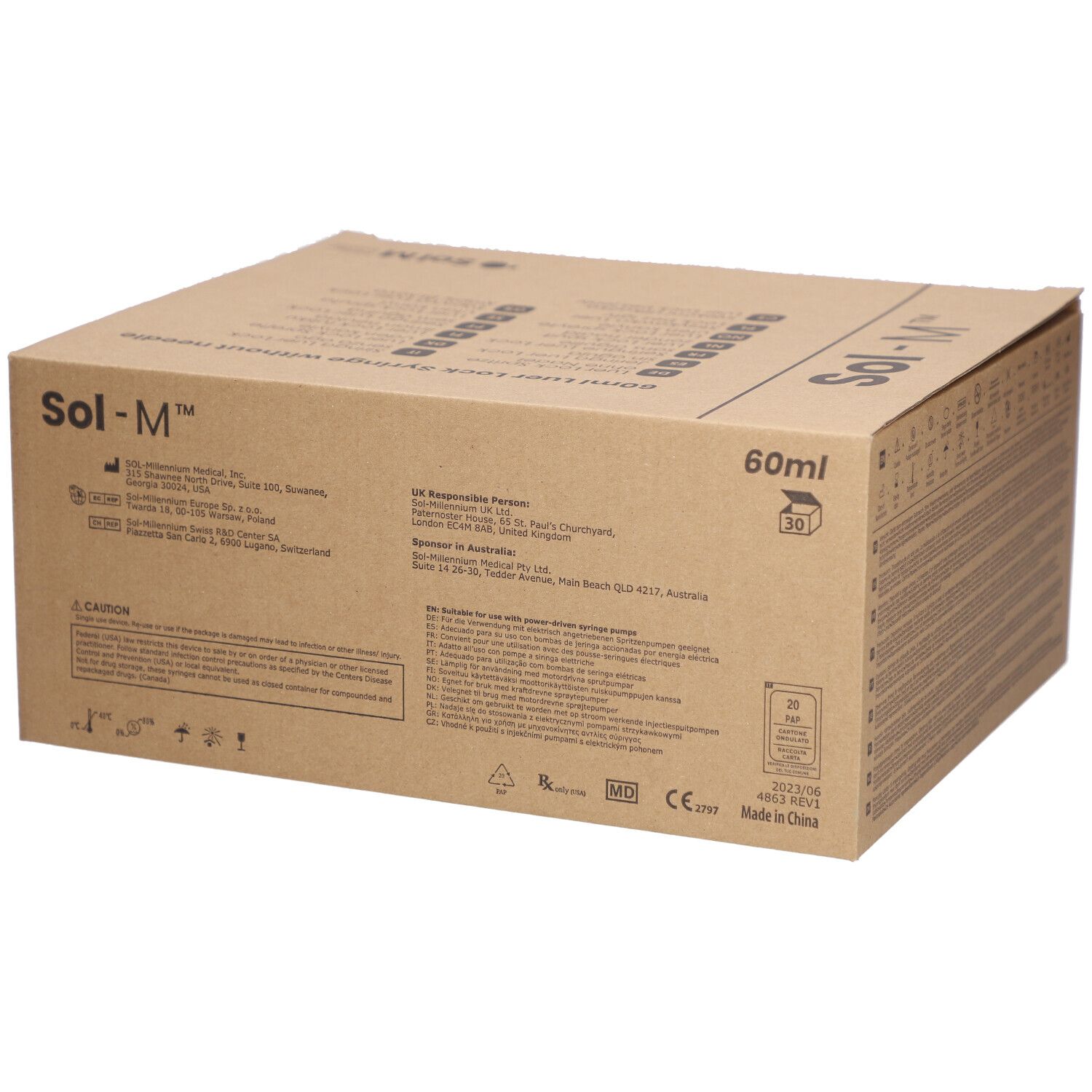 Boîte en carton marron avec inscriptions, indication 60ml et marquage CE.