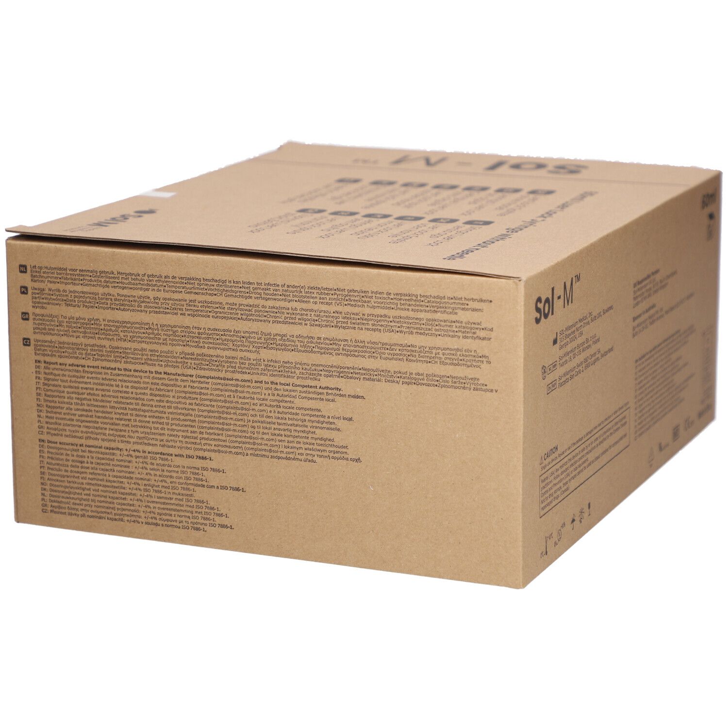 Boîte en carton marron avec inscription noire, marque Sol-M.