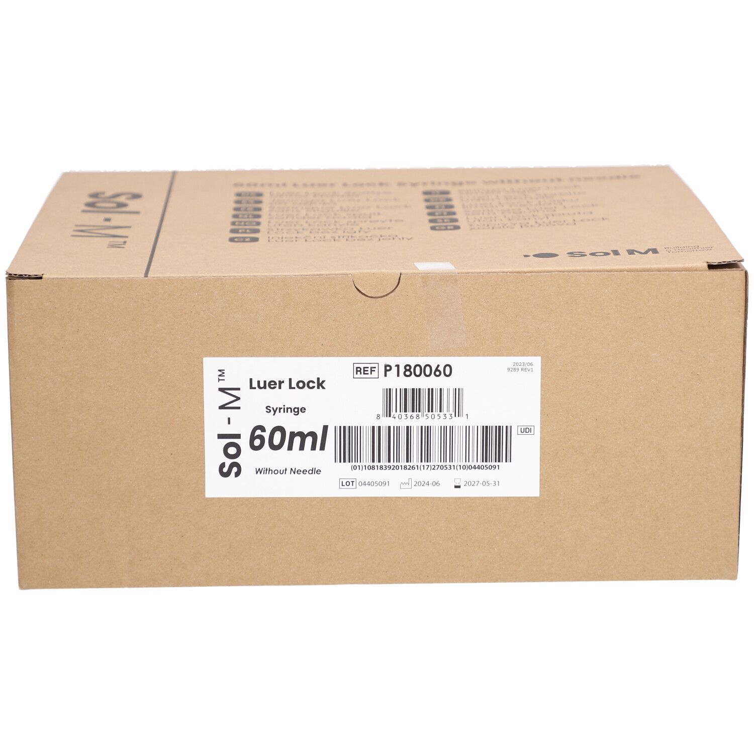 Boîte en carton pour une seringue Luer Lock de 60ml sans aiguille, marque Sol-M.