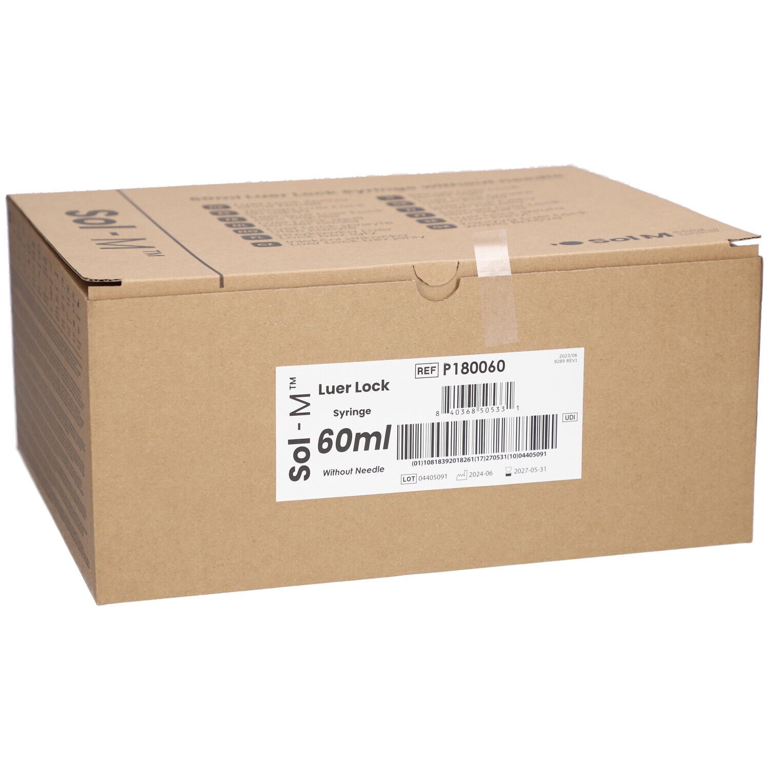 Boîte en carton pour une seringue Luer Lock de 60ml sans aiguille.
