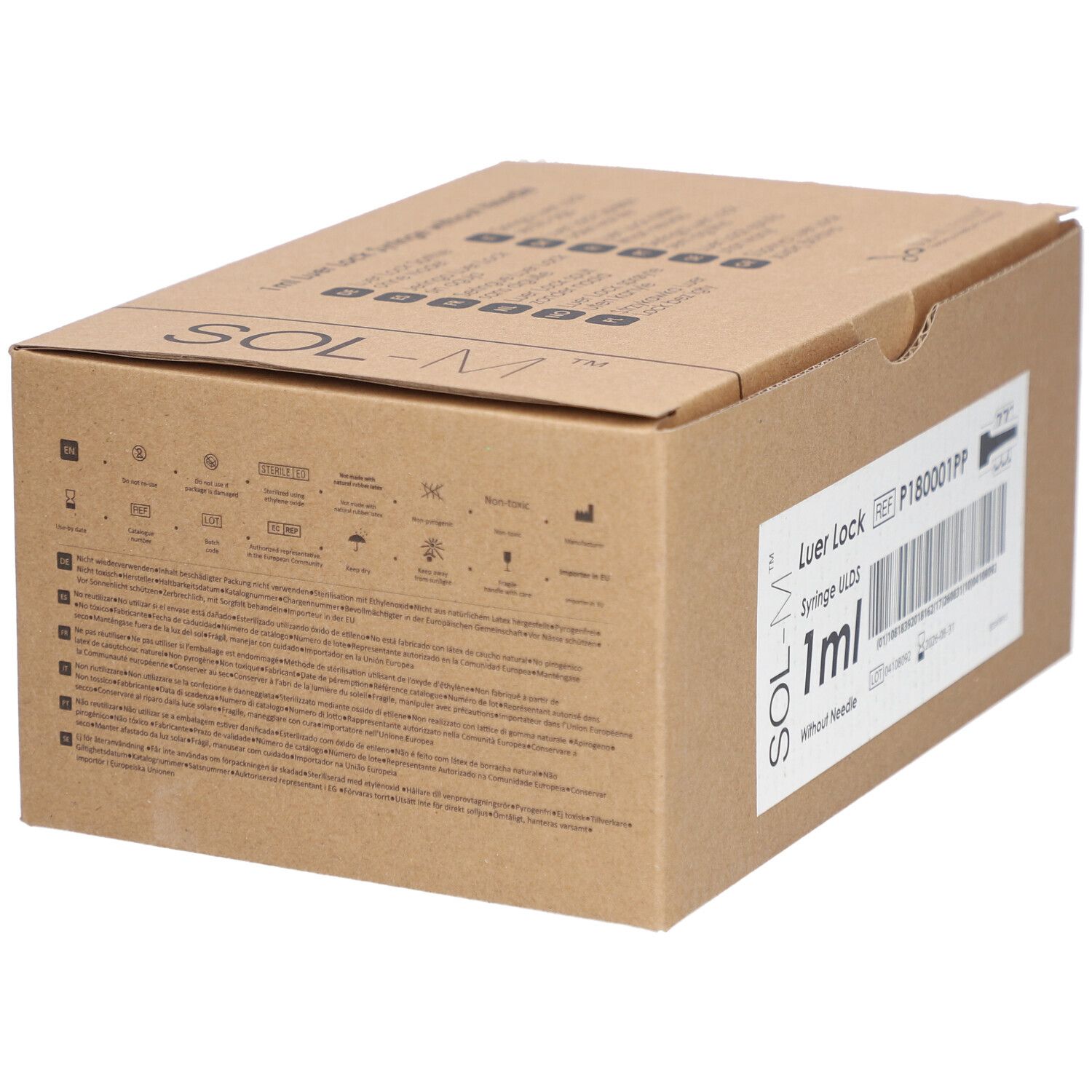 SOL-M Luer Lock spuit 1ml zonder naald, kartonnen verpakking met productinformatie en symbolen.