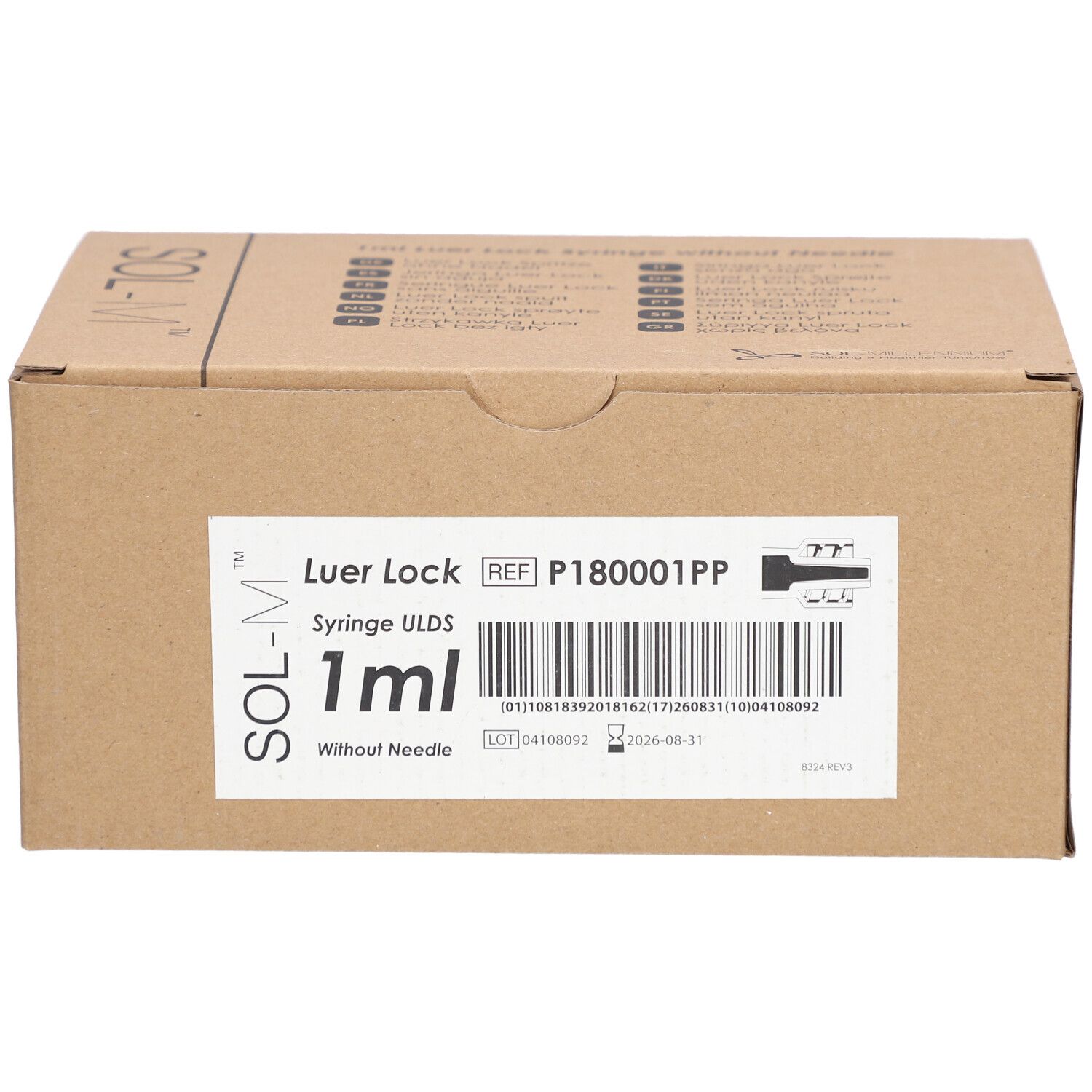 SOL-M Luer Lock spuit, 1ml, zonder naald. Kartonnen verpakking met productinformatie en barcode.