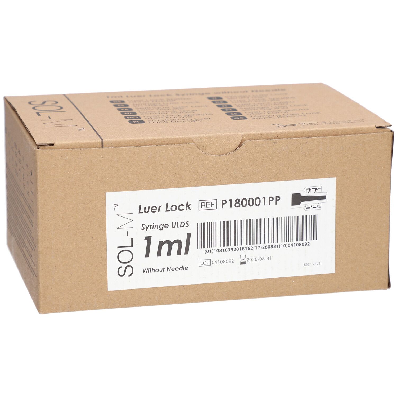 SOL-M Luer Lock Spuit ULDS, 1ml, zonder naald. Kartonnen verpakking met productinformatie en barcode.