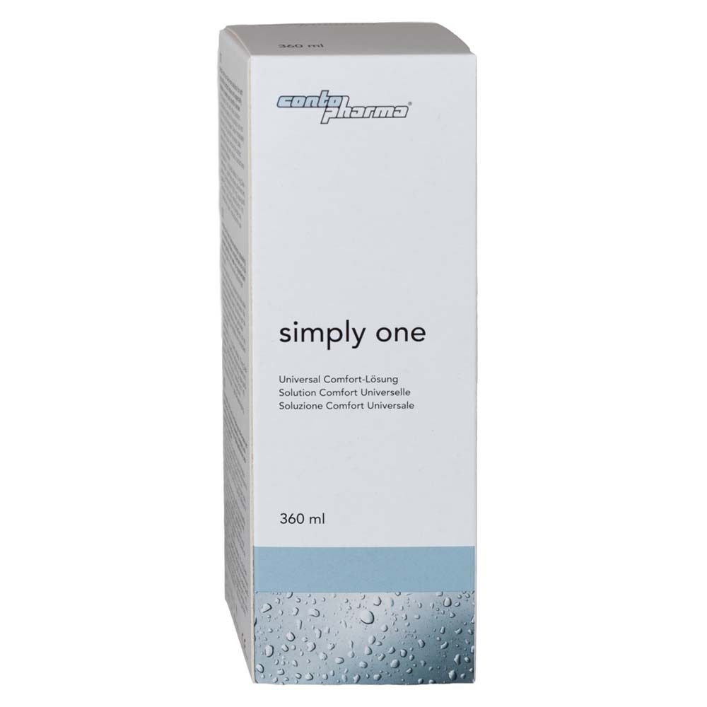 Witte doos met "contopharma" en "simply one". 360 ml. Blauwe lijn.