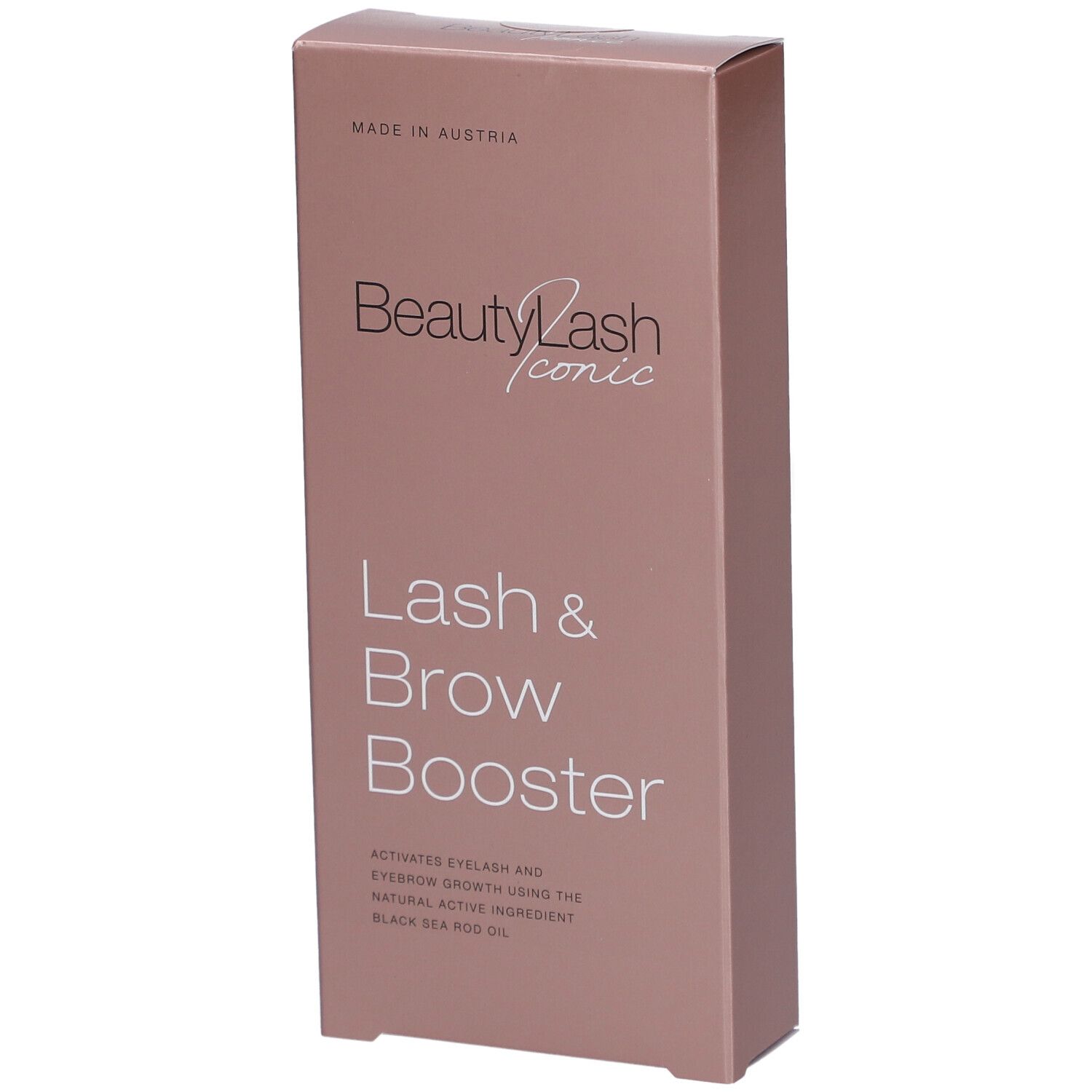 Roze verpakking met "BeautyLash iconic Lash & Brow Booster". Gemaakt in Oostenrijk.