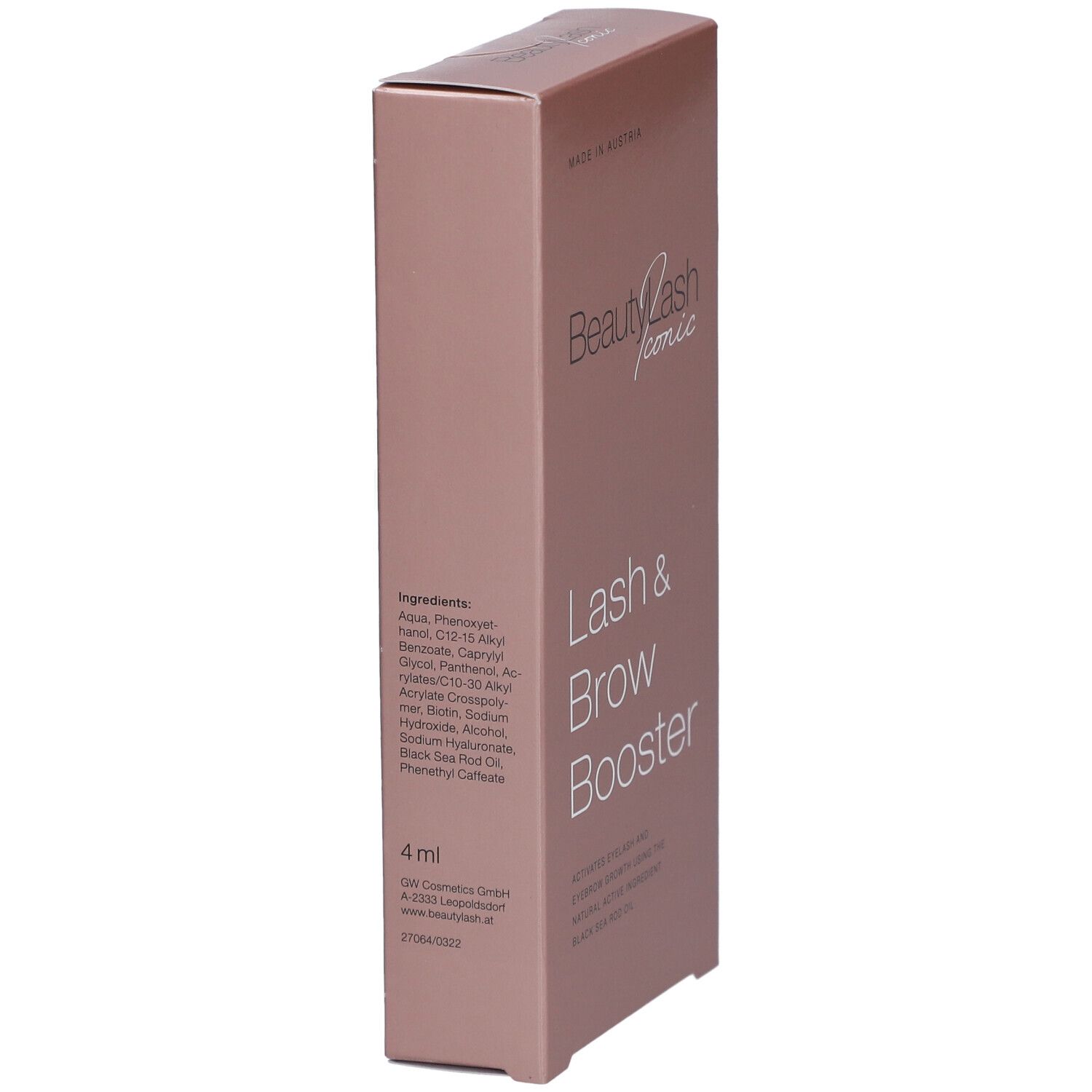 Roze verpakking met ingrediënten en "BeautyLash iconic Lash & Brow Booster". 4 ml.