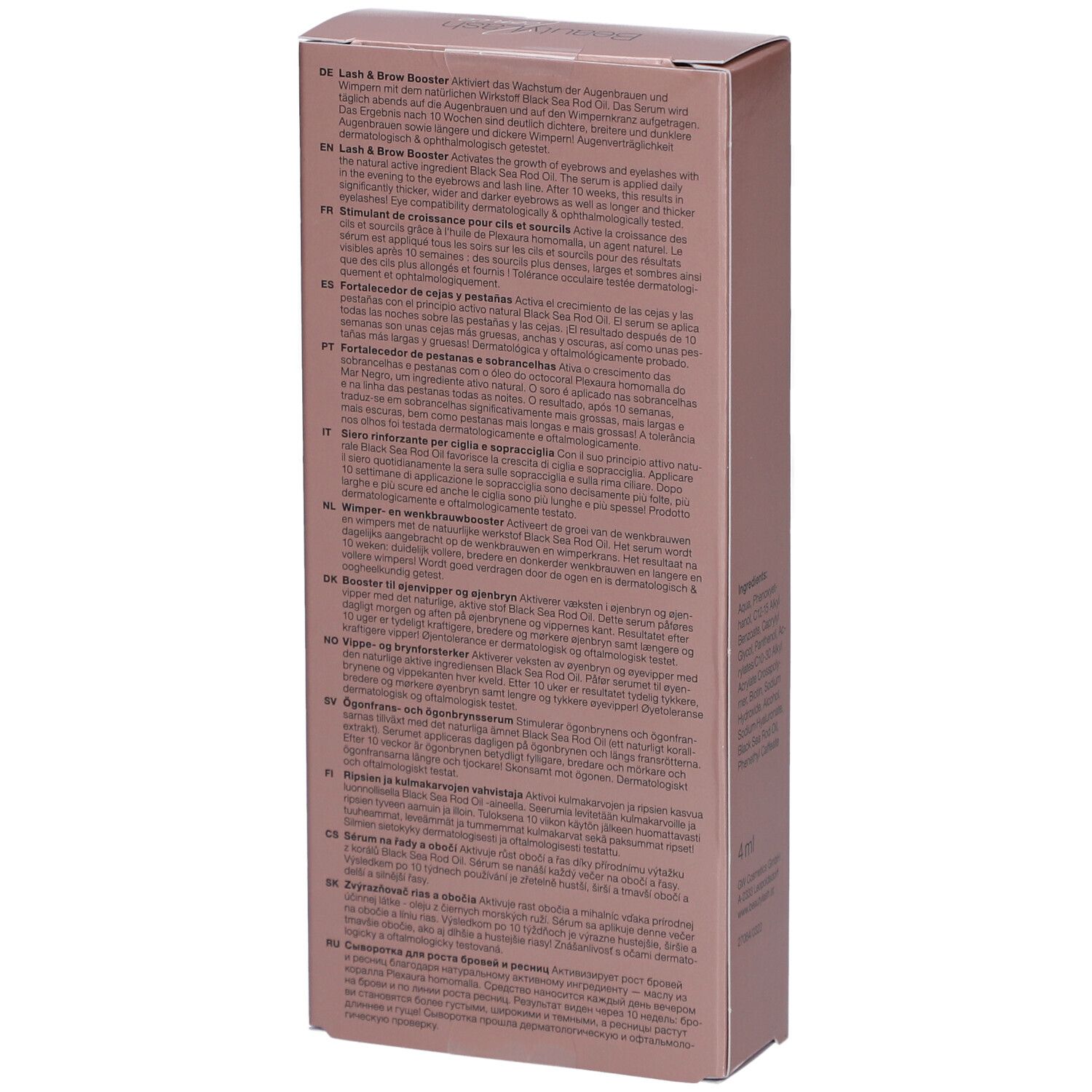 Roze verpakking met meertalige tekst. "BeautyLash iconic Lash & Brow Booster".