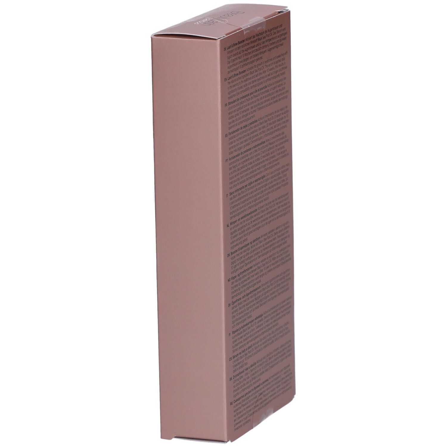 Roze verpakking met meertalige tekst. "BeautyLash iconic Lash & Brow Booster".