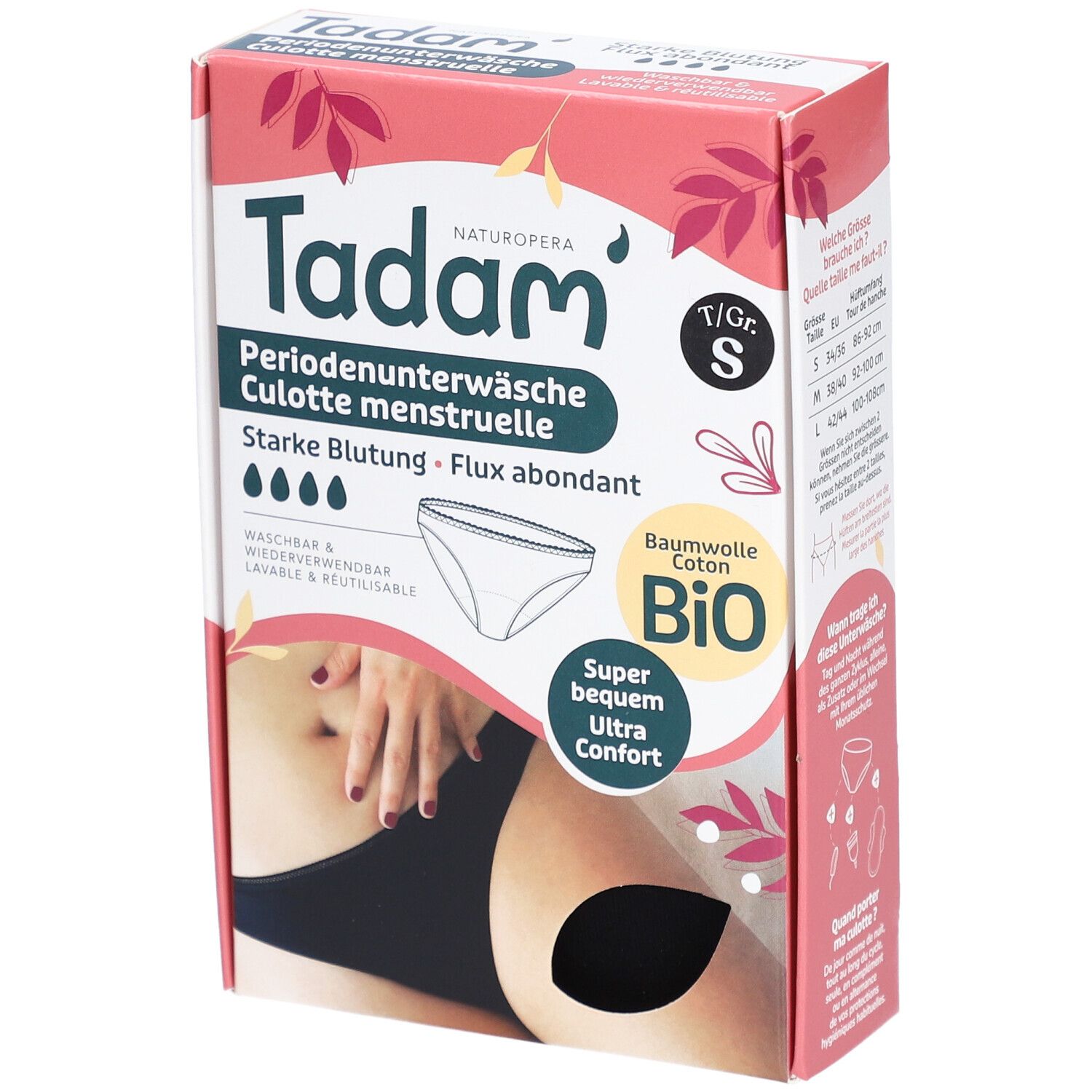 Verpakking van TADAM Culotte de règles S. Roze en wit design. Productafbeelding en tekst: menstruatiebroekje, maat S, biologisch katoen.