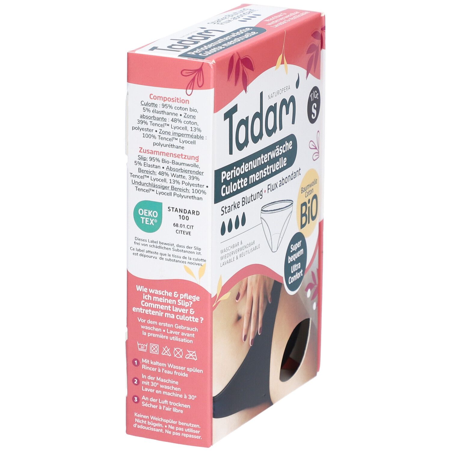 Verpakking van TADAM Culotte de règles S, zijaanzicht. Tekst: menstruatiebroekje, maat S, biologisch katoen. Oeko-Tex-certificering.
