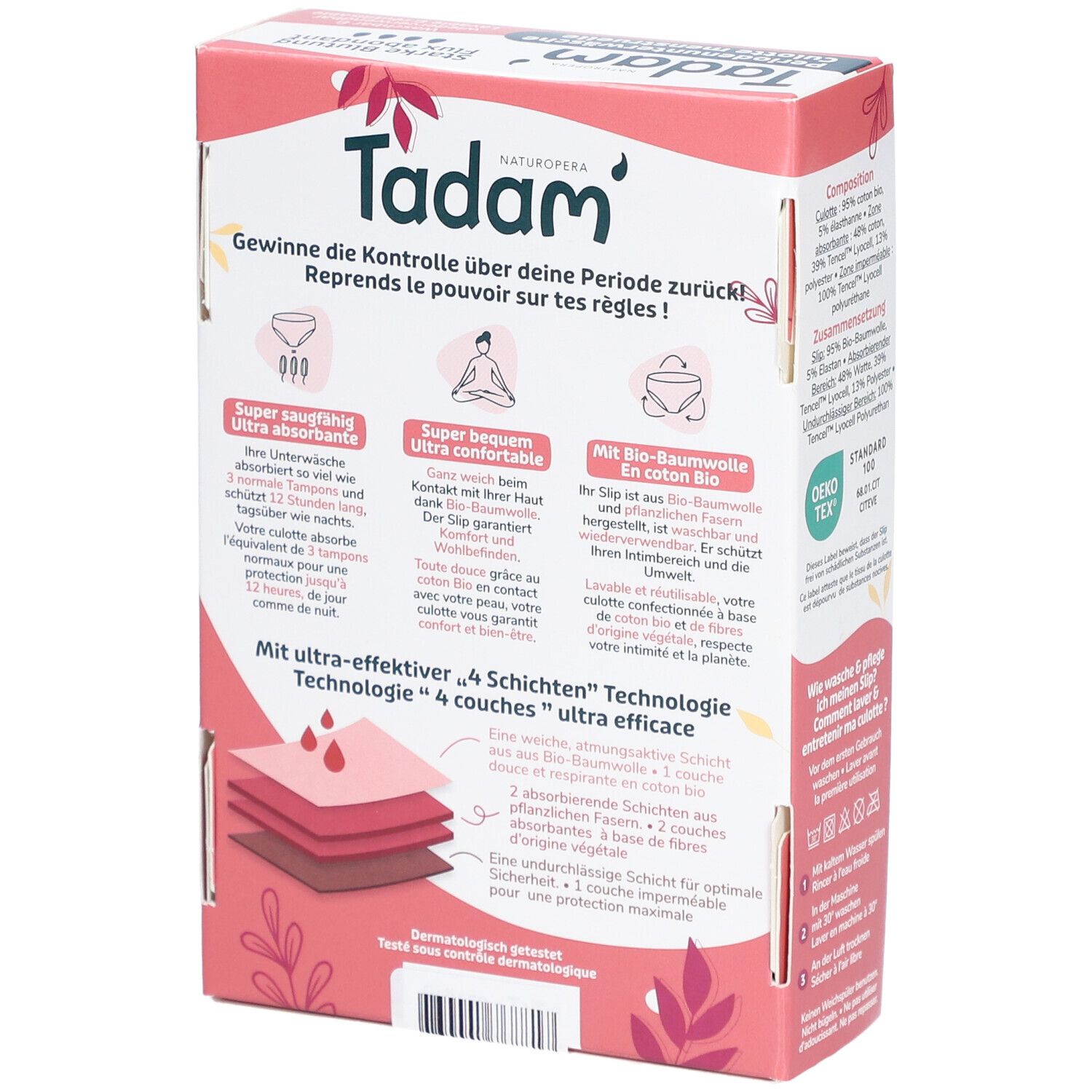 Achterkant van de verpakking van TADAM Culotte de règles S. Tekst: voordelen, 4-lagen technologie, biologisch katoen. Dermatologisch getest.