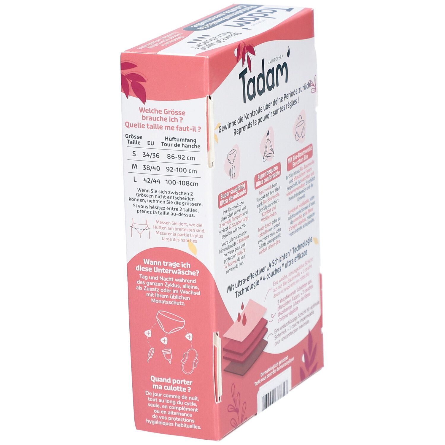 Verpakking van TADAM Culotte de règles S. Tekst: maattabel, gebruiksaanwijzing. Roze en wit design. Productafbeelding.