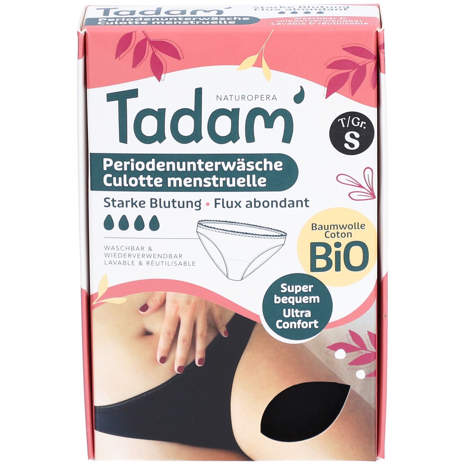 Verpakking van TADAM Culotte de règles S. Roze en wit design. Productafbeelding en tekst: menstruatiebroekje, maat S, biologisch katoen.