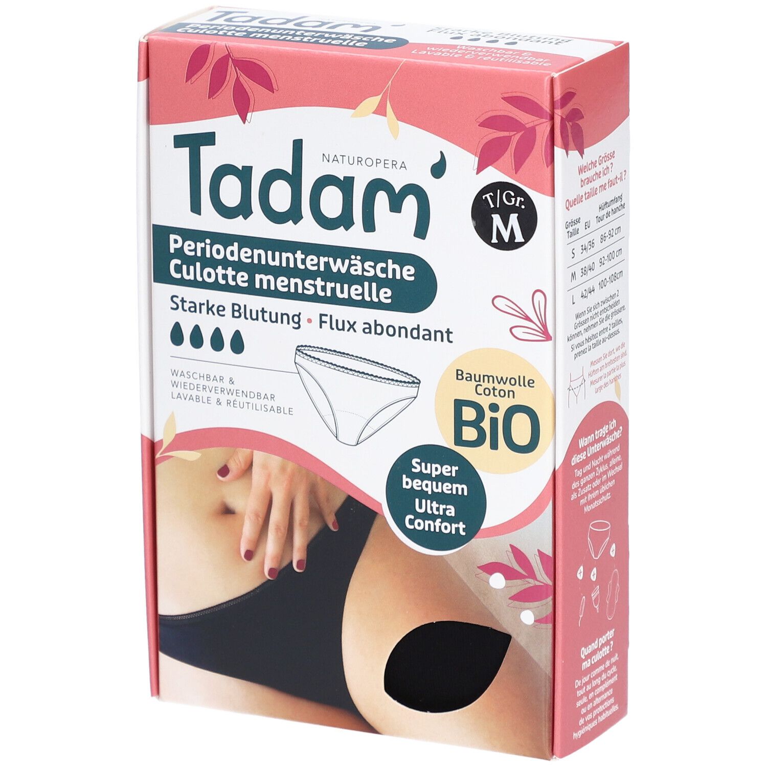 Verpakking van Tadam menstruatie-ondergoed, maat M. Illustratie van slip en tekst "Bio Katoen".