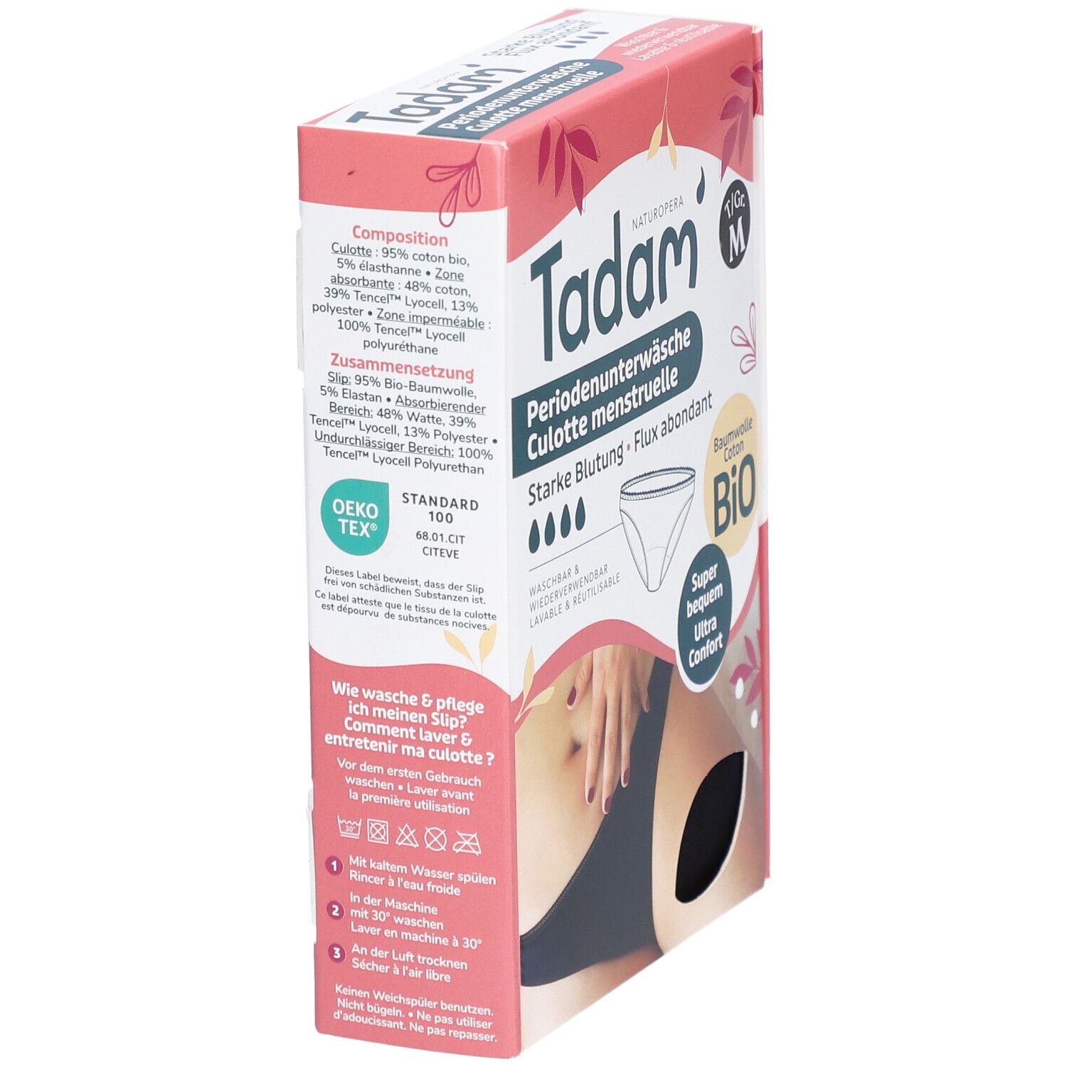 Verpakking van Tadam menstruatie-ondergoed. Tekst: Samenstelling, Oeko-Tex Standard 100. Zijkant met wasinstructies.