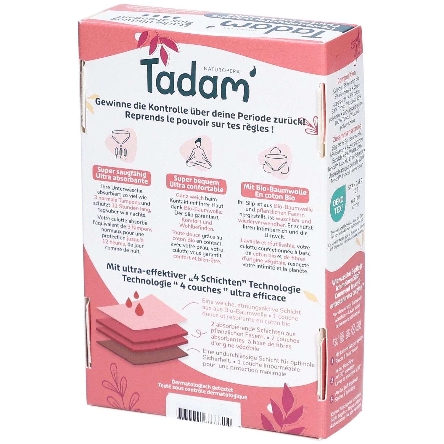 Achterkant van de verpakking van menstruatie-ondergoed. Merk: Tadam. Tekst: Super absorberend, ultra comfortabel, bio katoen.