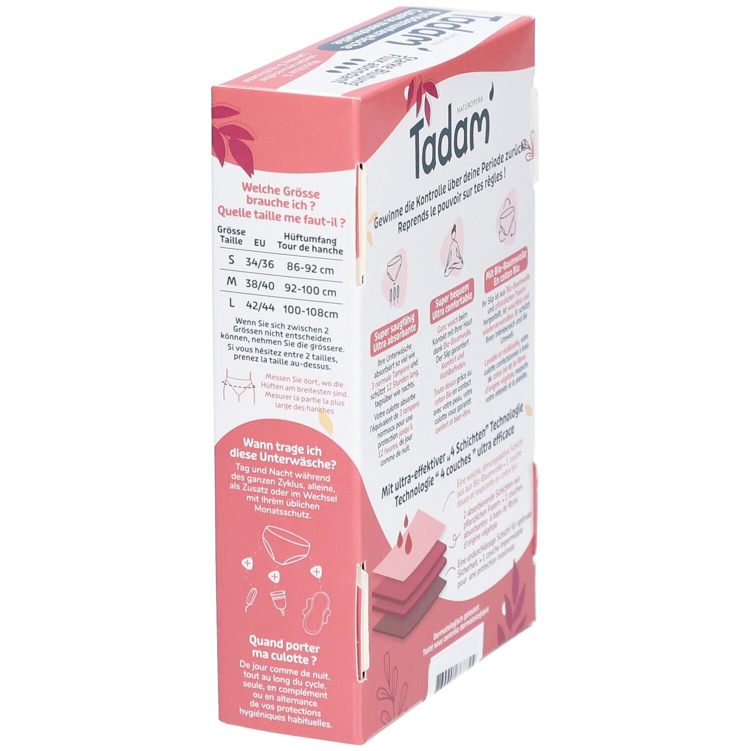 Zijkant van de verpakking van menstruatie-ondergoed. Maten: S, M, L. Tekst: Welke maat heb ik nodig?