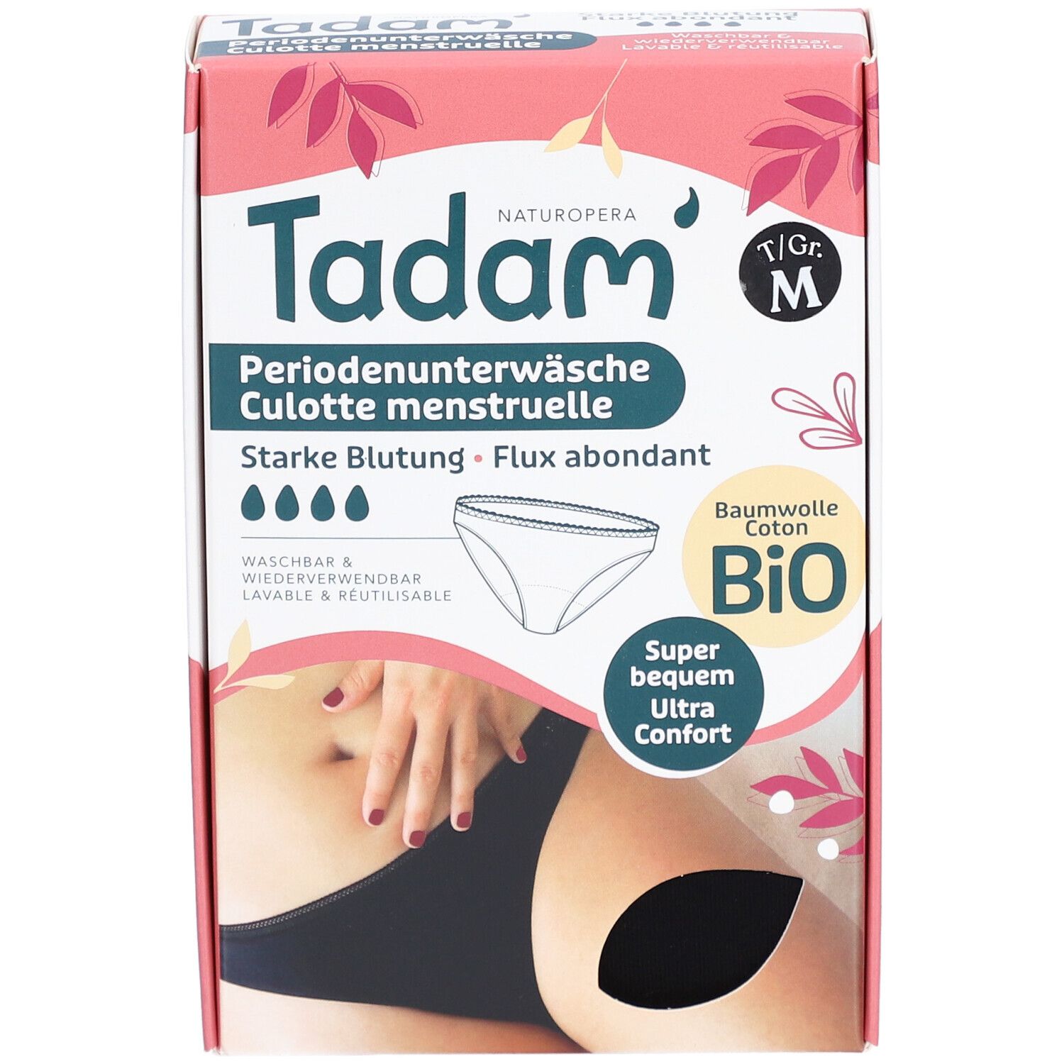 Verpakking van Tadam menstruatie-ondergoed, maat M. Illustratie van slip en tekst "Bio Katoen".