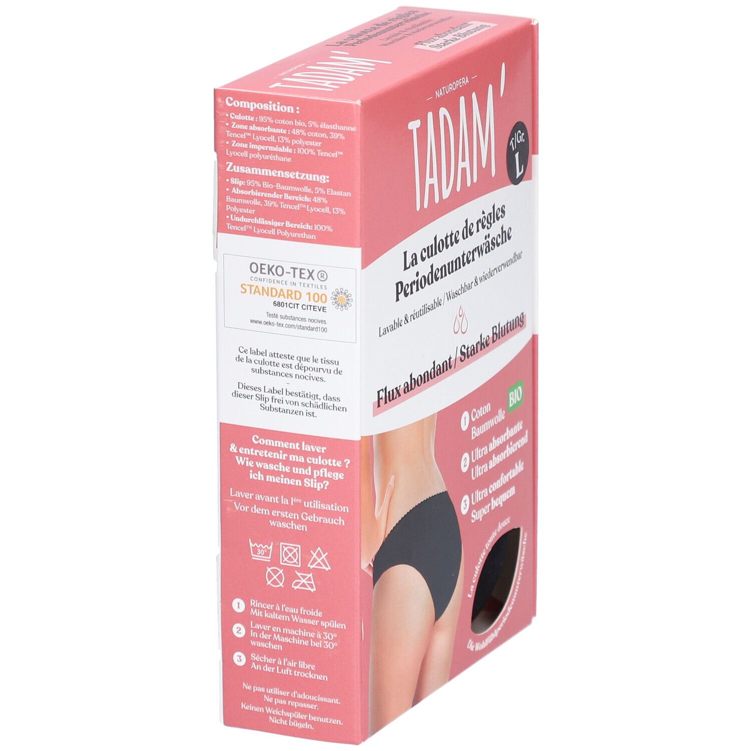 Verpakking TADAM Culotte de règles L. Roze doos met tekst en illustraties. Oeko-Tex Standard 100.
