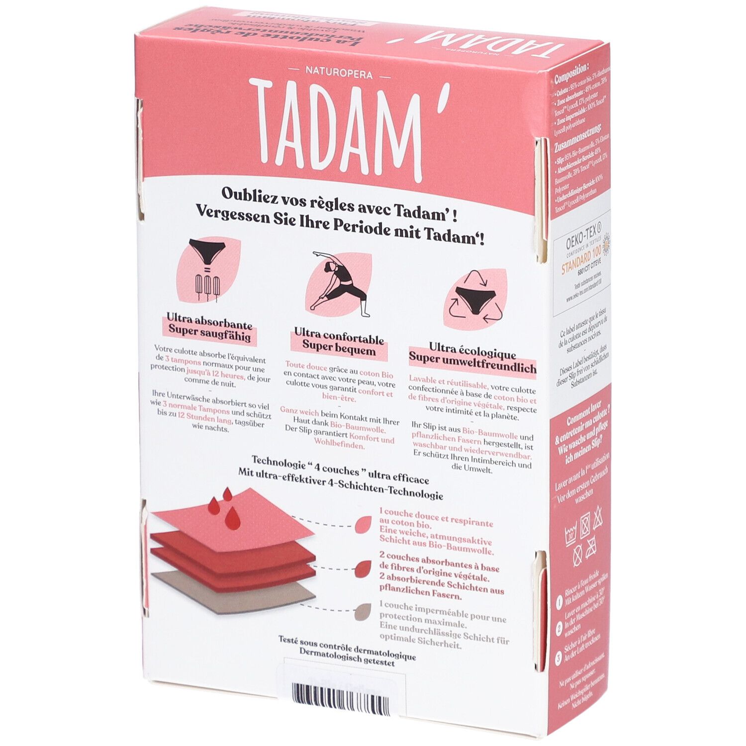 Achterkant verpakking TADAM Culotte de règles L. Illustraties en tekst. Ultra absorberend, ecologisch.