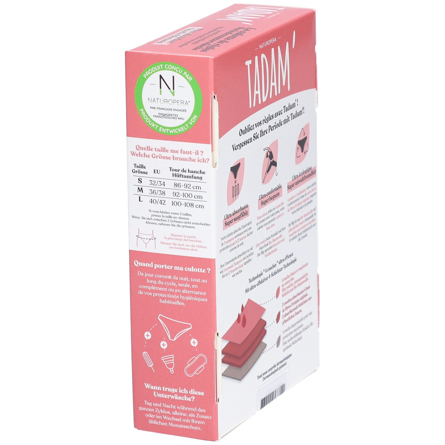 Zijkant verpakking TADAM Culotte de règles L. Maatinformatie en illustraties. Productcertificering.