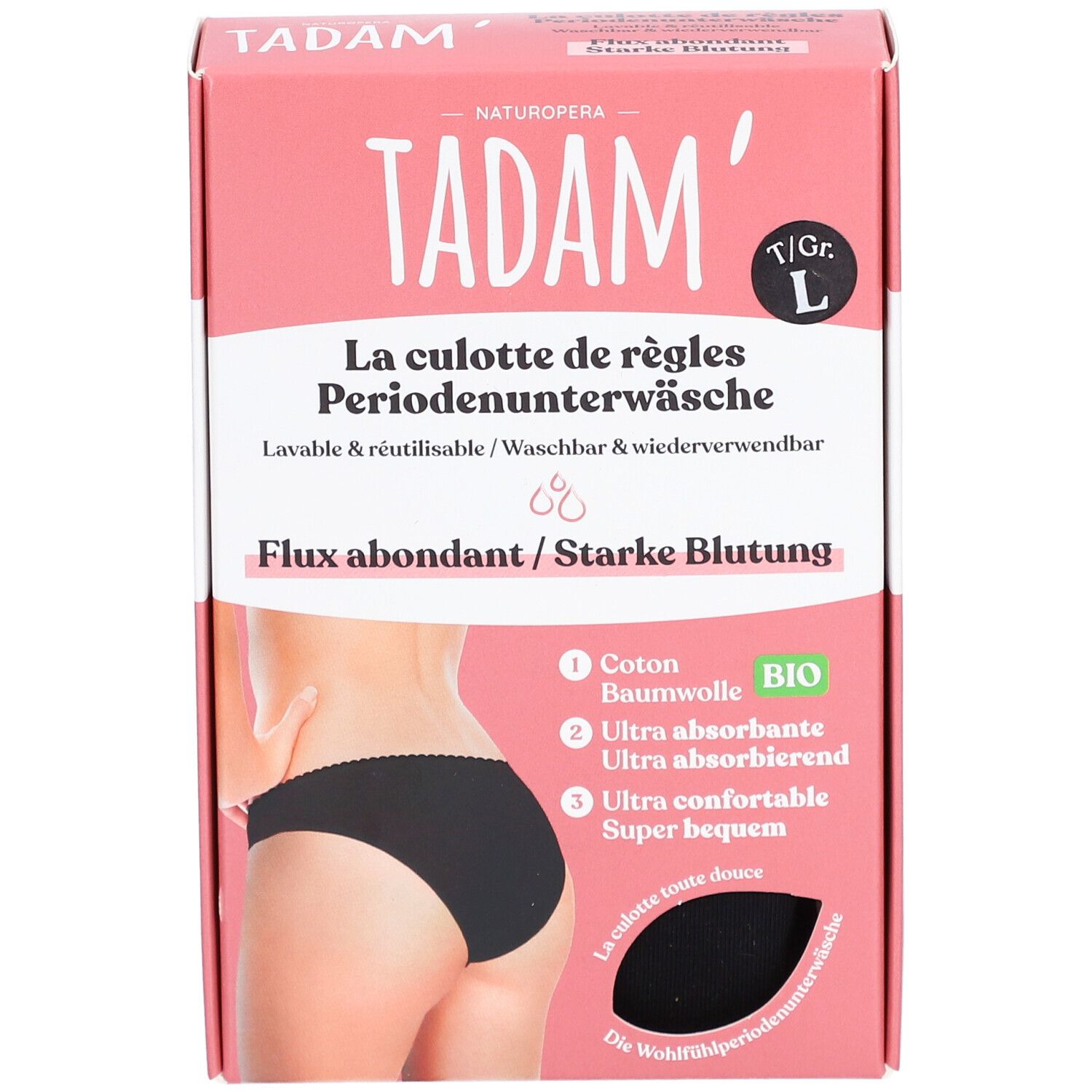 Verpakking van TADAM Culotte de règles L. Roze doos met zwarte slip. Maat L.