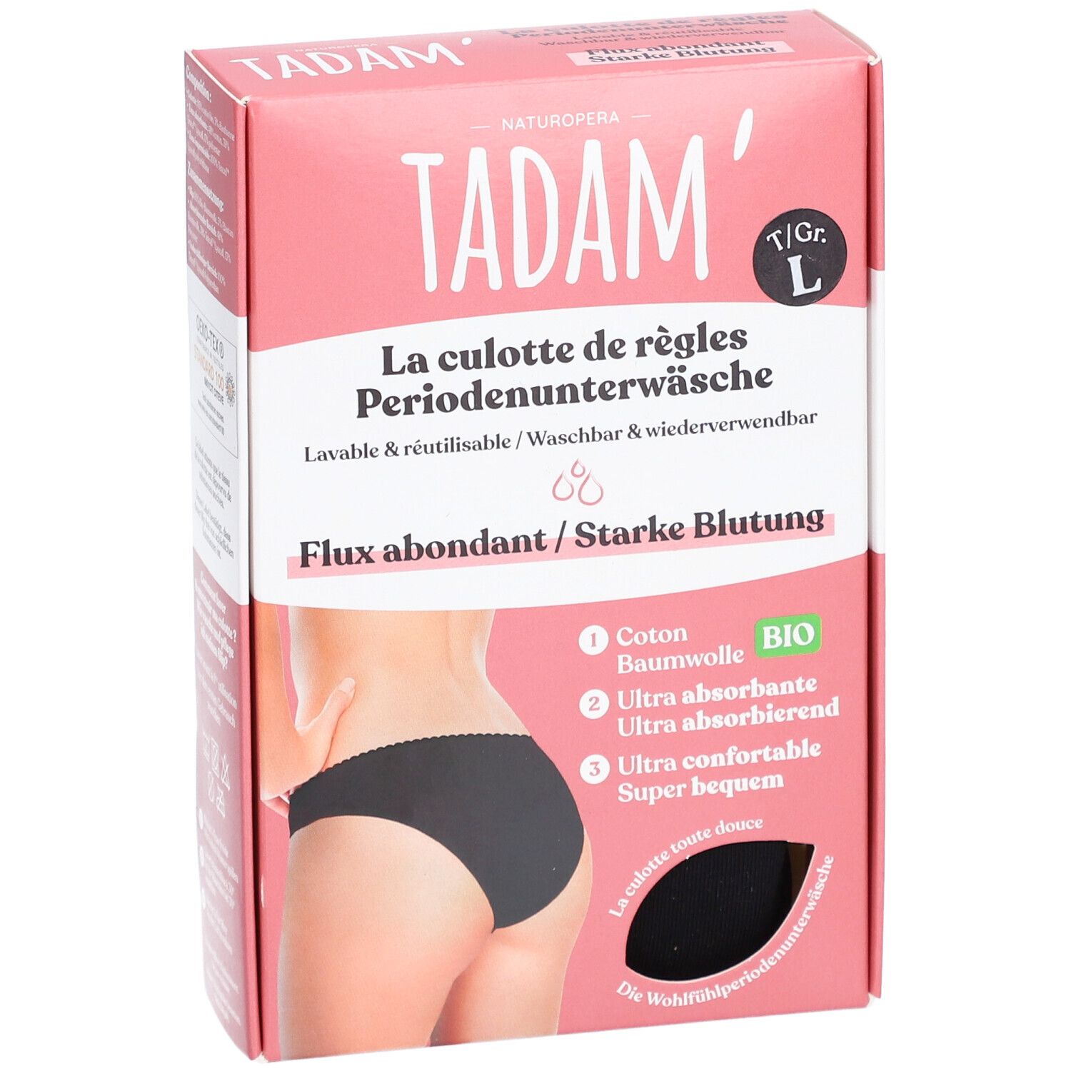 Verpakking van TADAM Culotte de règles L. Roze doos met zwarte slip. Maat L.