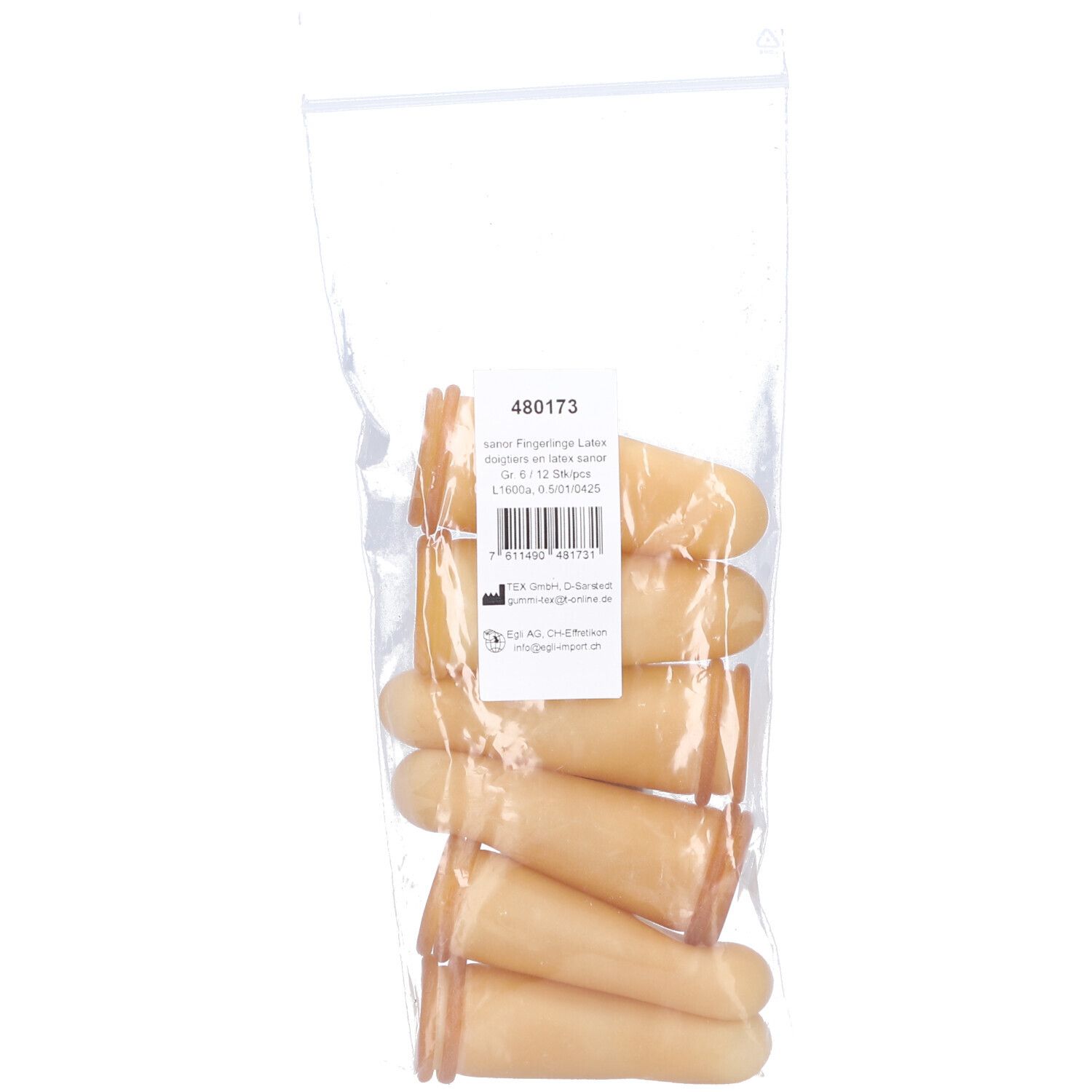 Doigts en latex dans un emballage transparent. Six doigts visibles. Étiquette avec texte.