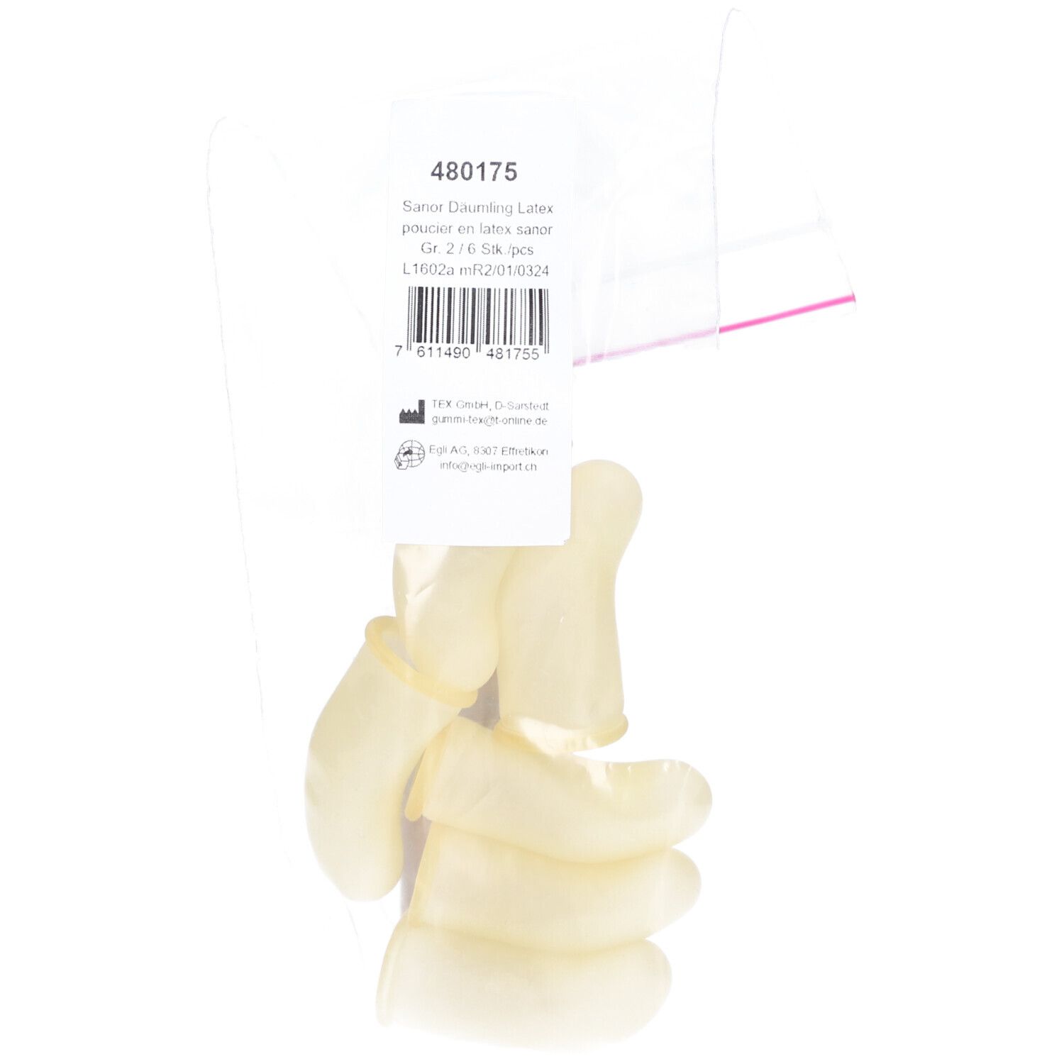 Latex vingertoppen in plastic verpakking. Productnaam en informatie op etiket. Zes stuks.