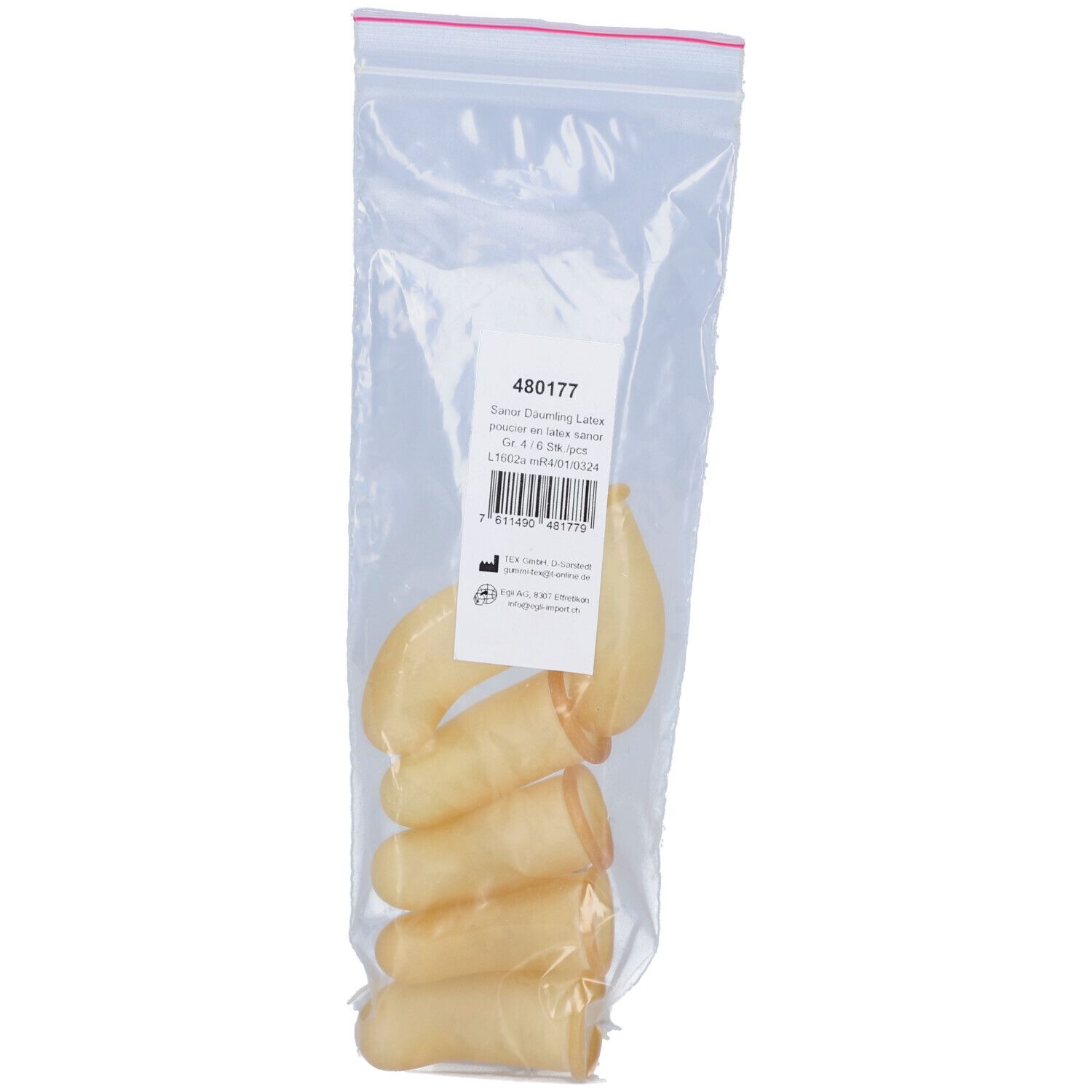 Latex vingertoppen in plastic zakje. Zes stuks. Etiket met barcode en productinformatie.