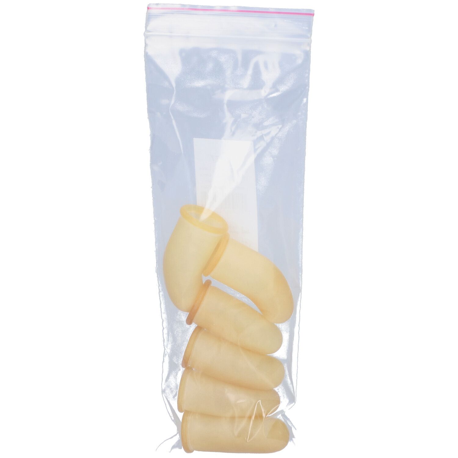 Latex vingertoppen in plastic zakje. Zes stuks. Bovenaanzicht. Etiket zichtbaar.