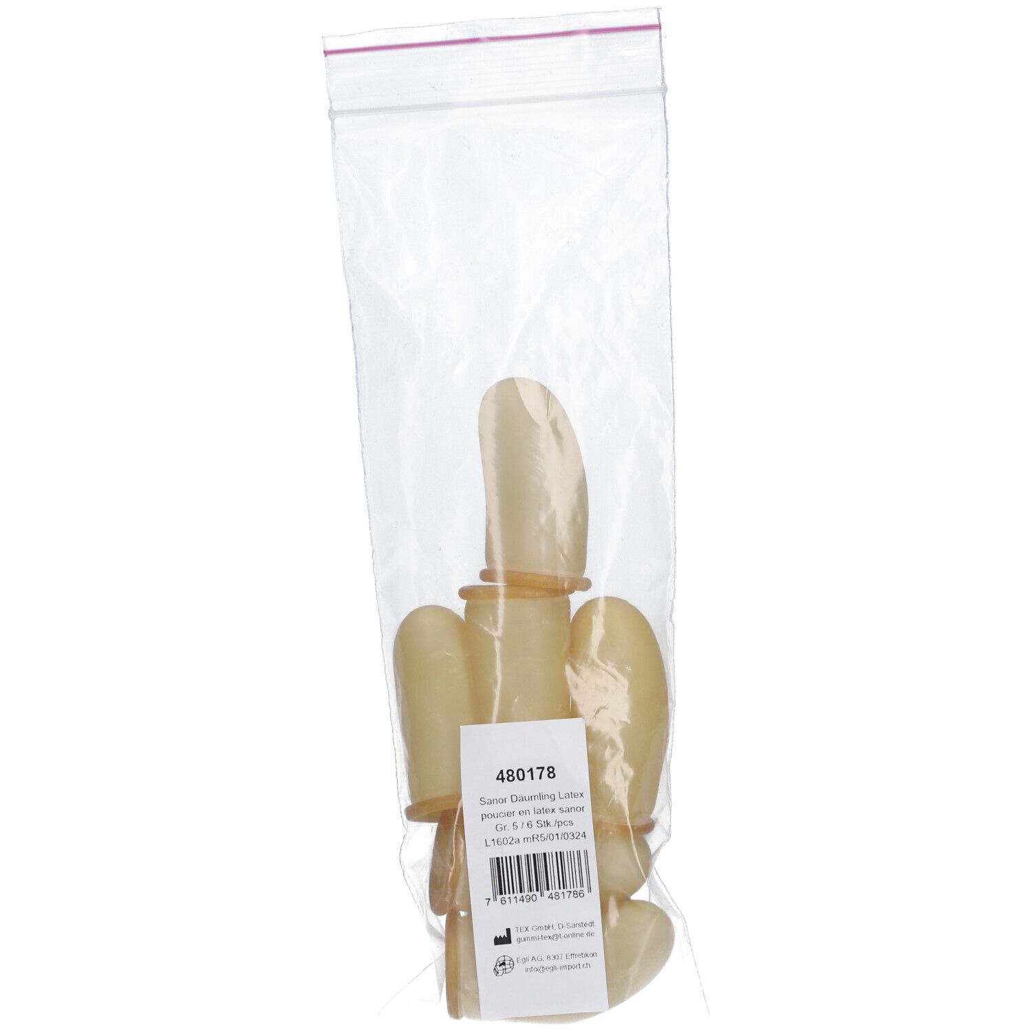 Doigtiers en latex dans un emballage plastique. Couleur beige. Étiquette avec numéro de produit et code-barres.