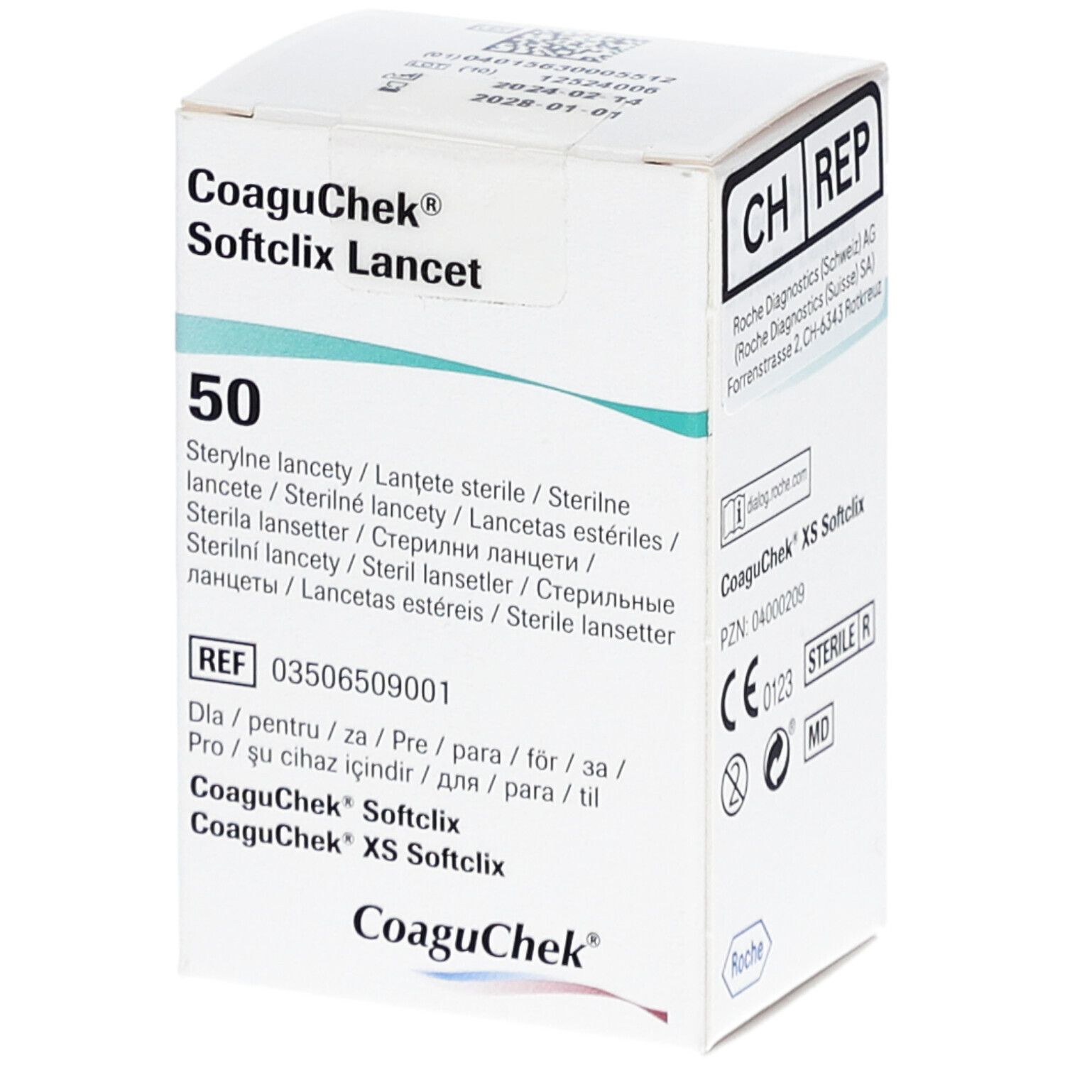 Verpakking CoaguChek Softclix Lancet. Bevat 50 steriele lancetten. CE-markering en lotnummer zichtbaar.