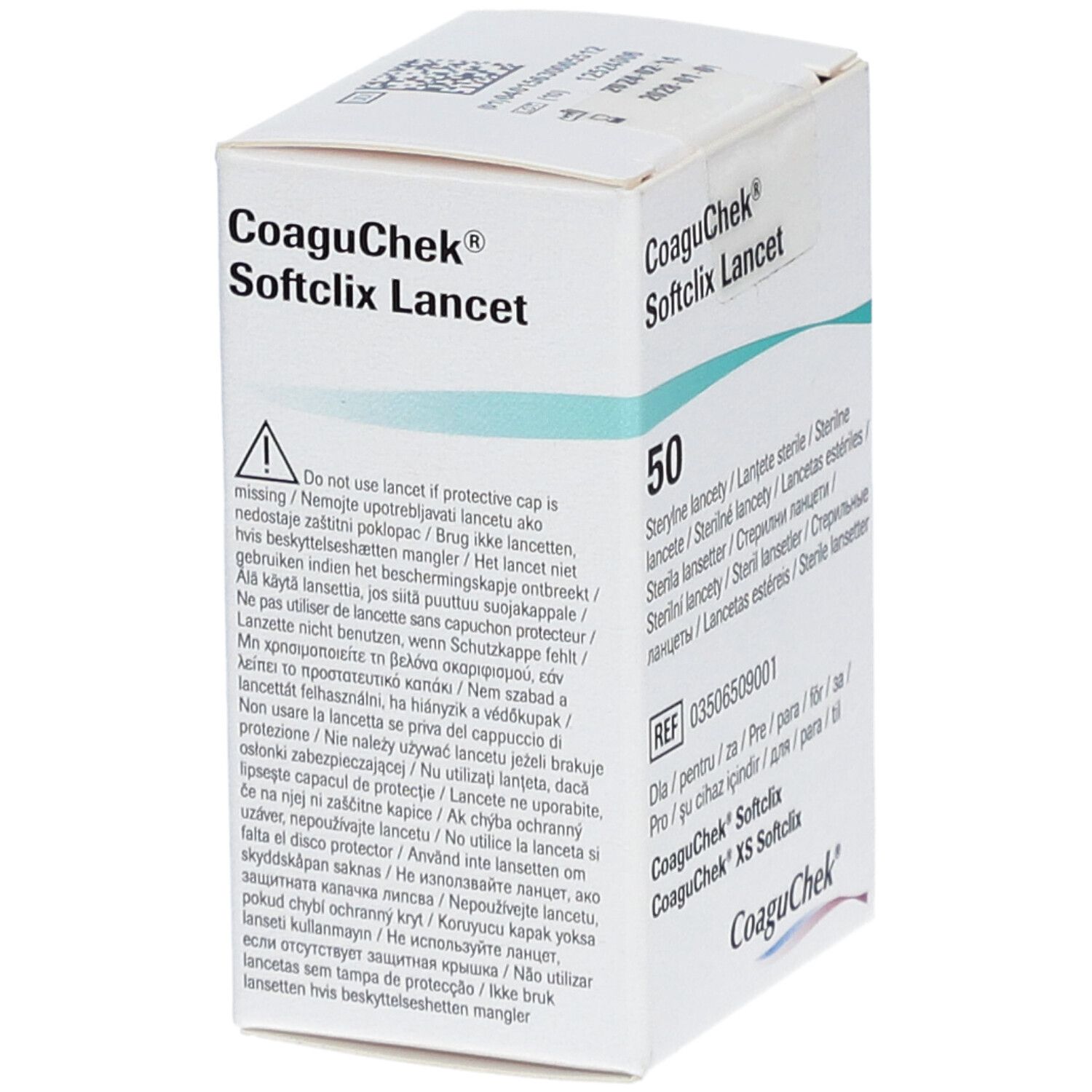 Verpakking CoaguChek Softclix Lancet. Bevat 50 lancetten. Waarschuwing: niet gebruiken zonder beschermkap.