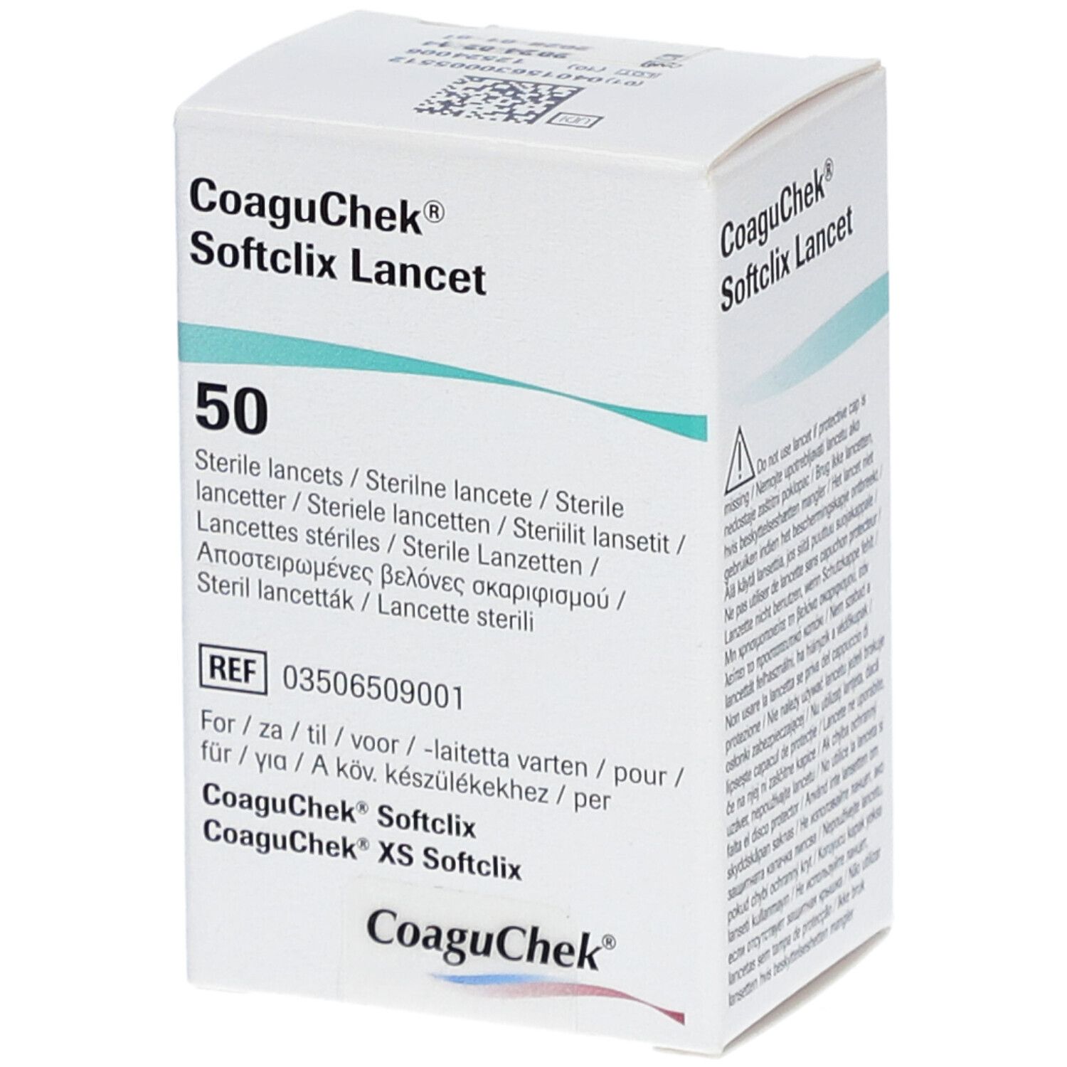 Verpakking CoaguChek Softclix Lancet. Bevat 50 steriele lancetten. Product- en lotinformatie op de verpakking.