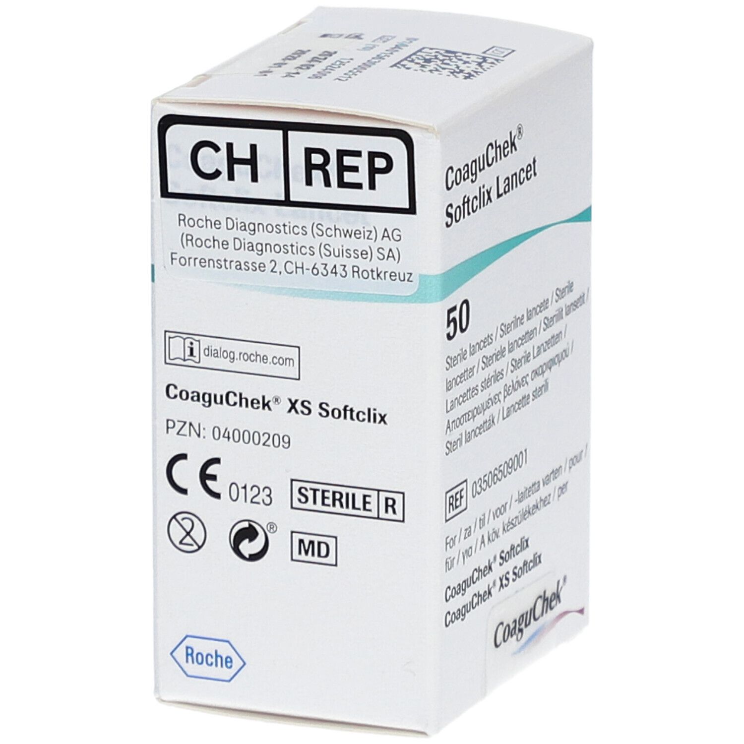 Verpakking CoaguChek XS Softclix. Bevat 50 steriele lancetten. CE-markering en fabrikantenadres.