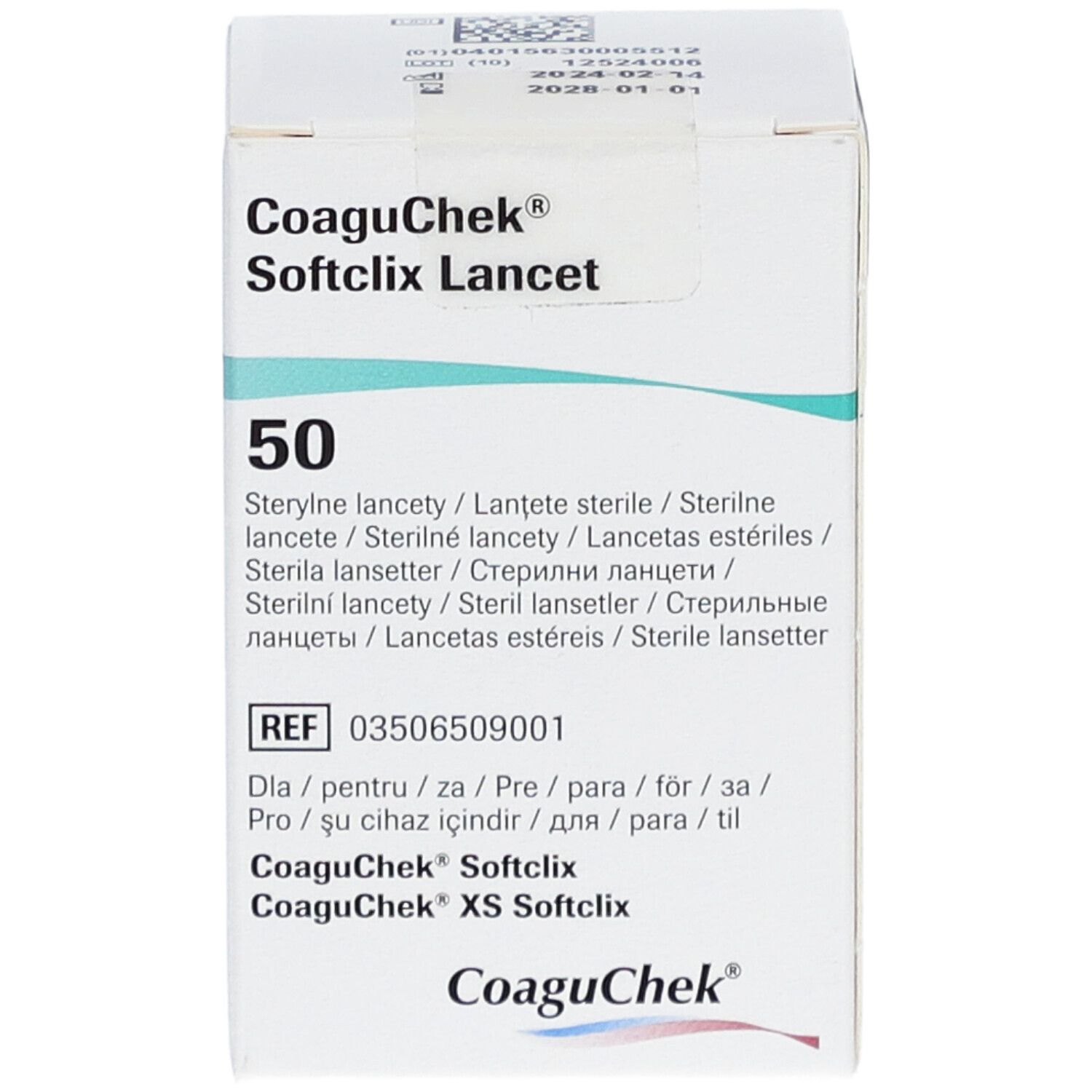 Verpakking CoaguChek Softclix Lancet. Bevat 50 steriele lancetten. Productinformatie en lotnummer.