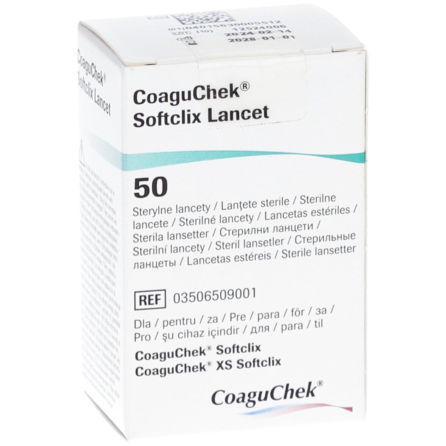 Verpakking CoaguChek Softclix Lancet. Bevat 50 steriele lancetten. Product- en lotinformatie.