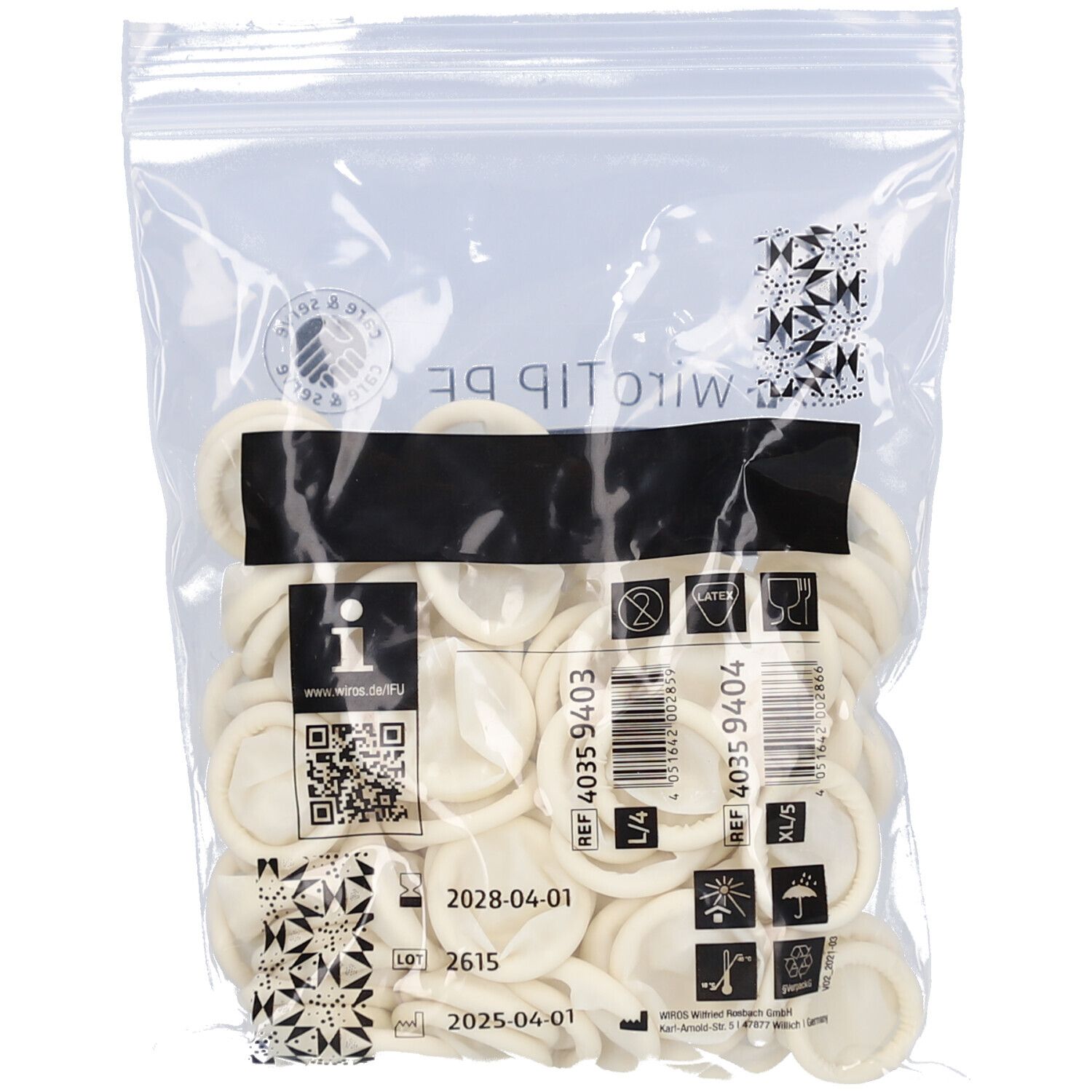 Zakje latex vingertoppen. Vingertoppen, QR-code, lotnummer en houdbaarheidsdatum zichtbaar.