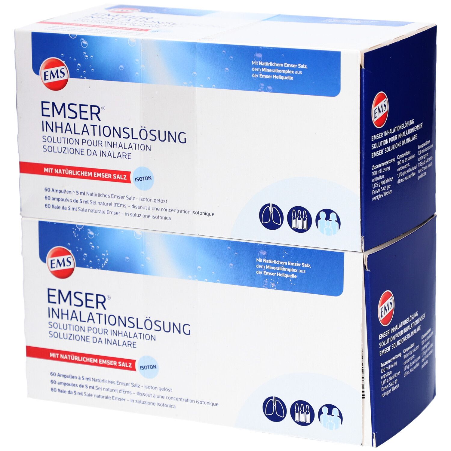 Twee dozen EMSER inhalatieoplossing. Blauw-witte verpakking met productnaam en logo. Bevat 60 ampullen.