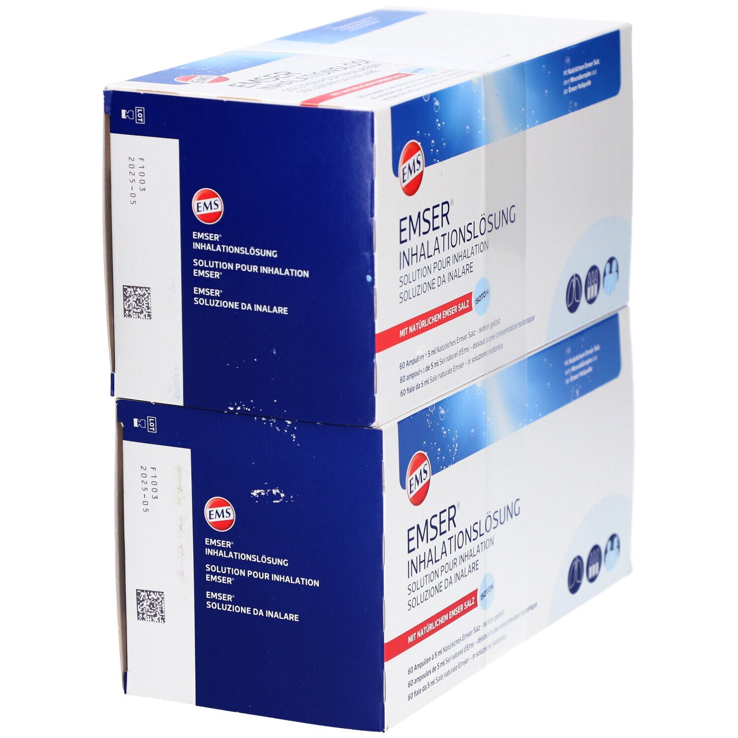 Twee gestapelde dozen EMSER inhalatieoplossing. Blauw-witte verpakking. Productnaam en logo duidelijk zichtbaar.